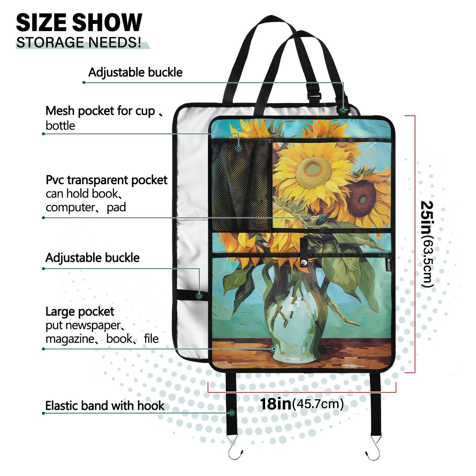 Sunflower Oil Painting Car Seat Protector with Storage Pockets - Waterproof Back Seat Kick Mats & Vehicle Organizer for Cars, SUVs, Trucks - Perfect for Family Road Trips & Pet Protection