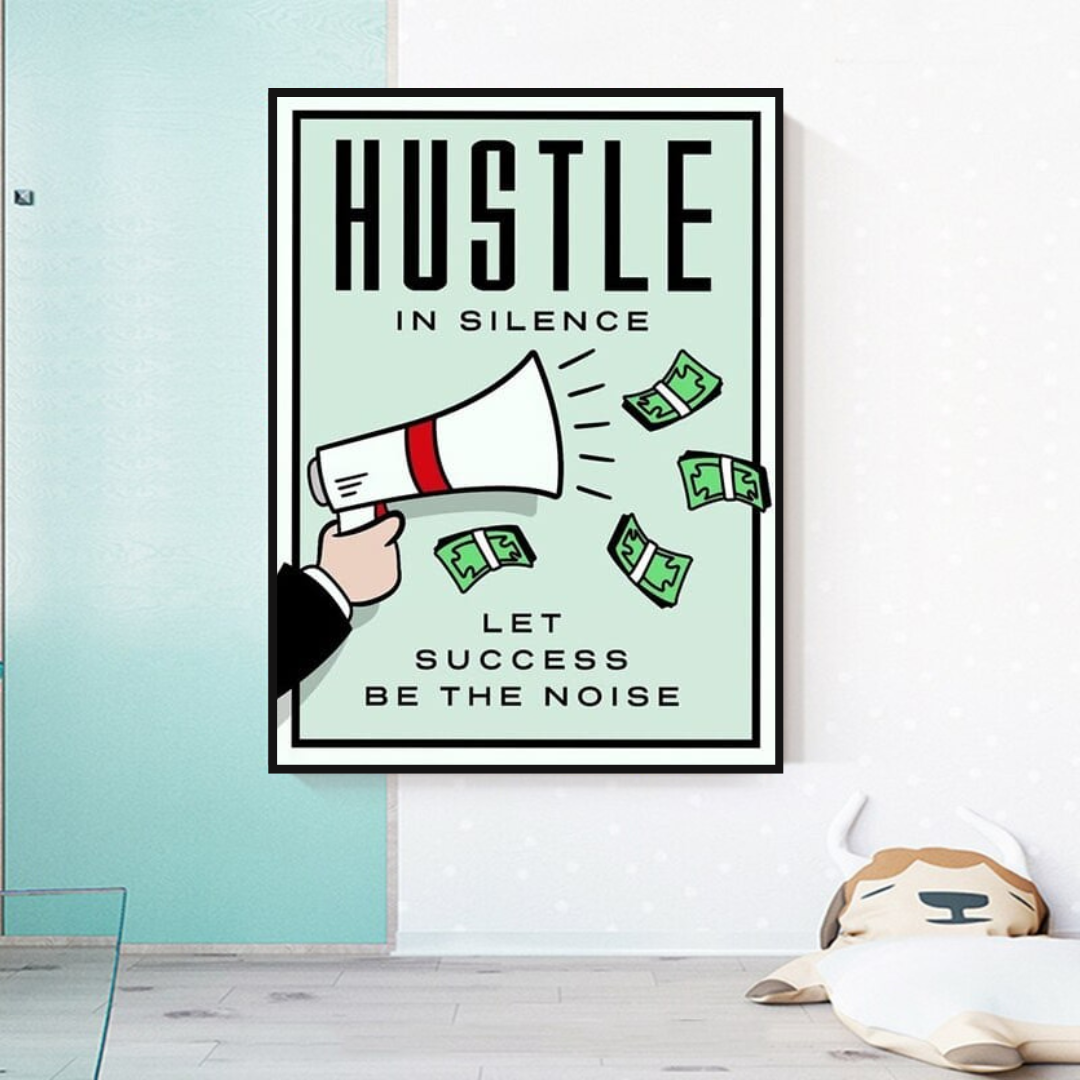 Monopoly Hustle in Silence Motivational Canvas Wall Art - Inspirational Office & Home Decor for Entrepreneurs