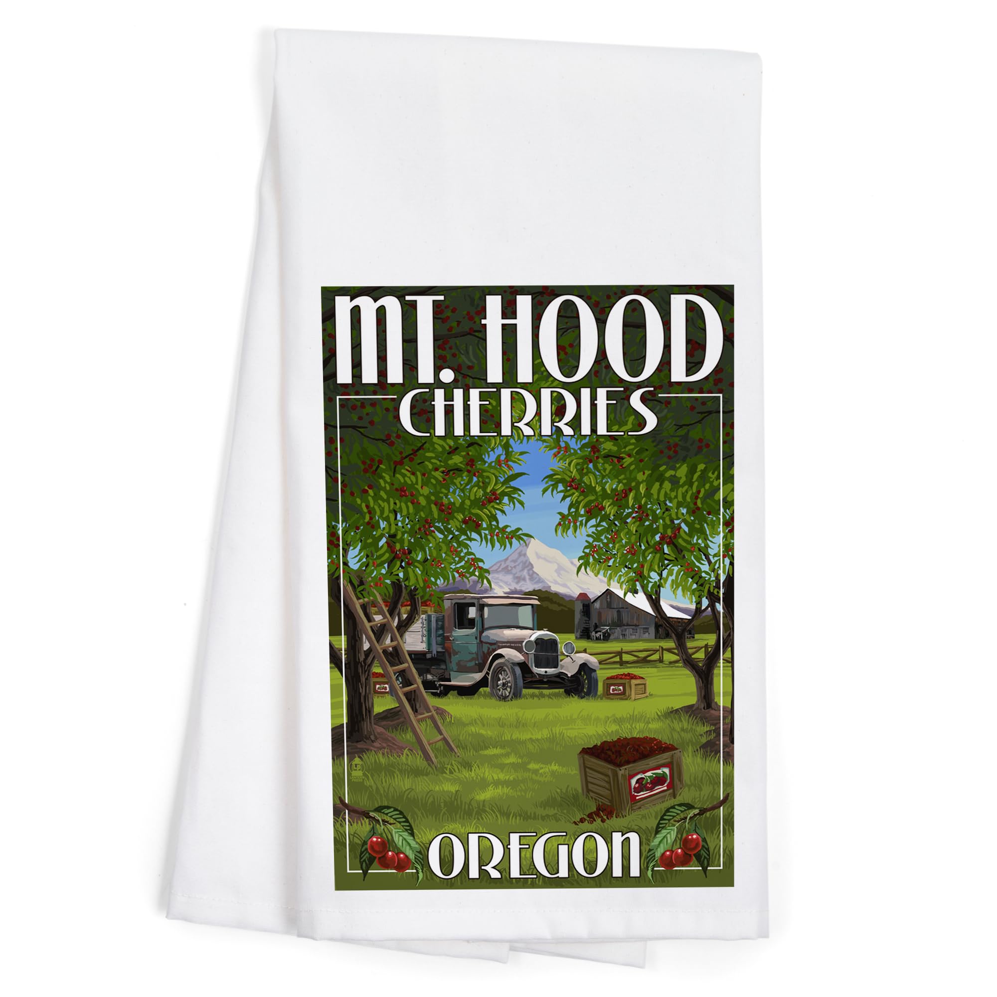 Lantern Press Mt. Hood Oregon Cherries 100% Cotton Tea Towel - Decorative Hand Towel for Kitchen, Home Decor & Gift - Perfect for Drying Dishes, Decorating & Housewarming
