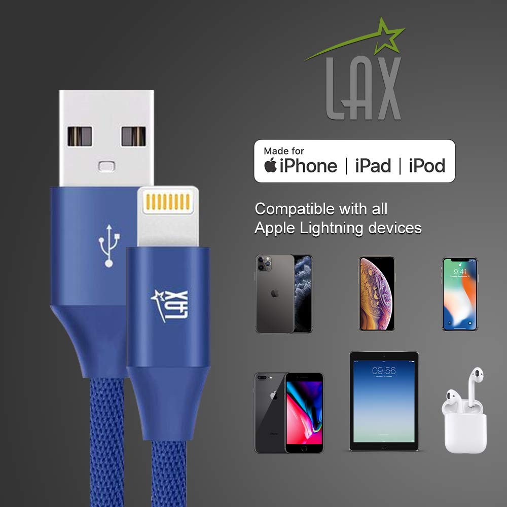 MFi Certified LAX iPhone Charger Lightning Cable - Durable Braided USB Cord for iPhone 11/11 Pro Max/XS Max/X/8/7/6, iPad & iPod | Fast Charging & Data Sync | Perfect for Home, Office & Travel Use