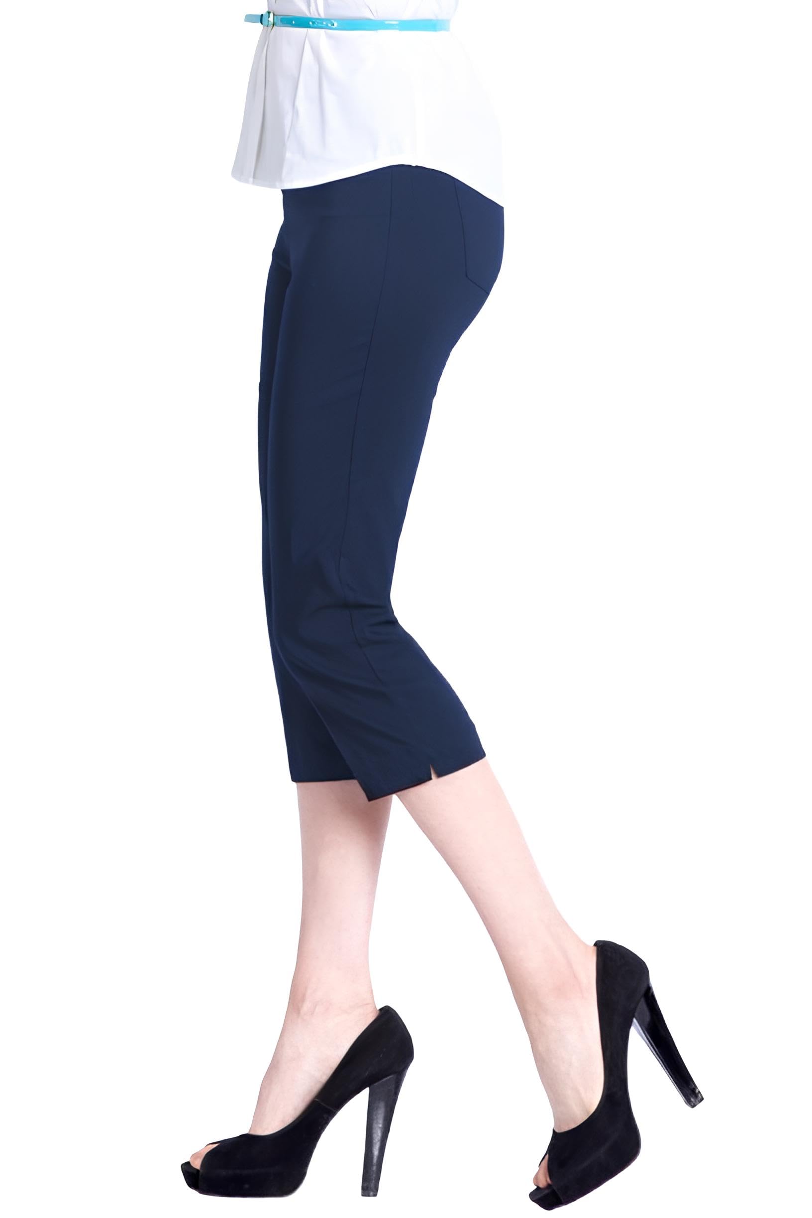 SLIM-SATION Women's High Waisted Tummy Control Capri Pants - Wide Band Pull-On Straight Leg Workout & Casual Pants for Yoga, Office & Everyday Wear