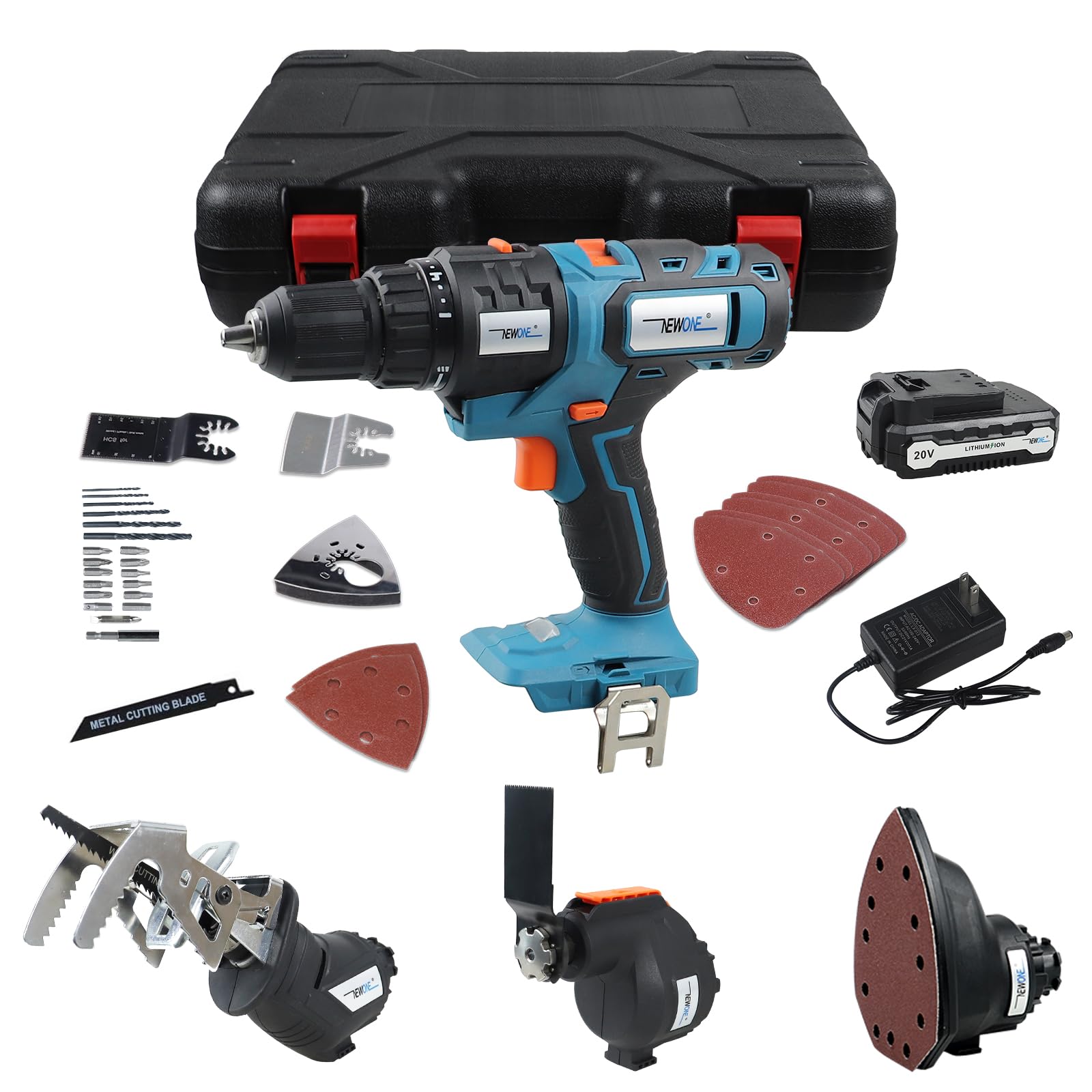 NEWONE 20V Cordless Drill Combo Kit - 4-in-1 Power Tool Set with Drill, Reciprocating Saw, Oscillating Tool & Sander - Includes 2.0Ah Battery, Charger & Case - Perfect for DIY Projects, Home Repairs & Woodworking