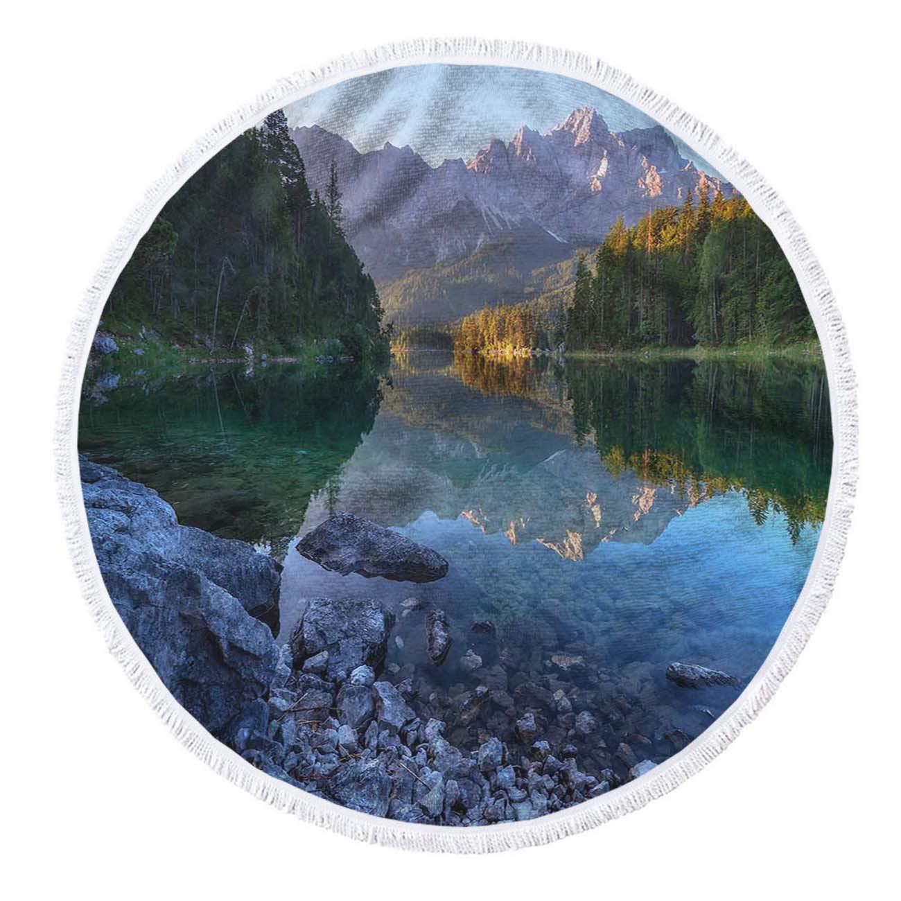 Premium Microfiber Round Beach Towel with Tassels - 63 Inch Large Sunset Design for Women, Perfect for Beach, Pool, Picnic & Lakeside Relaxation at Eibsee