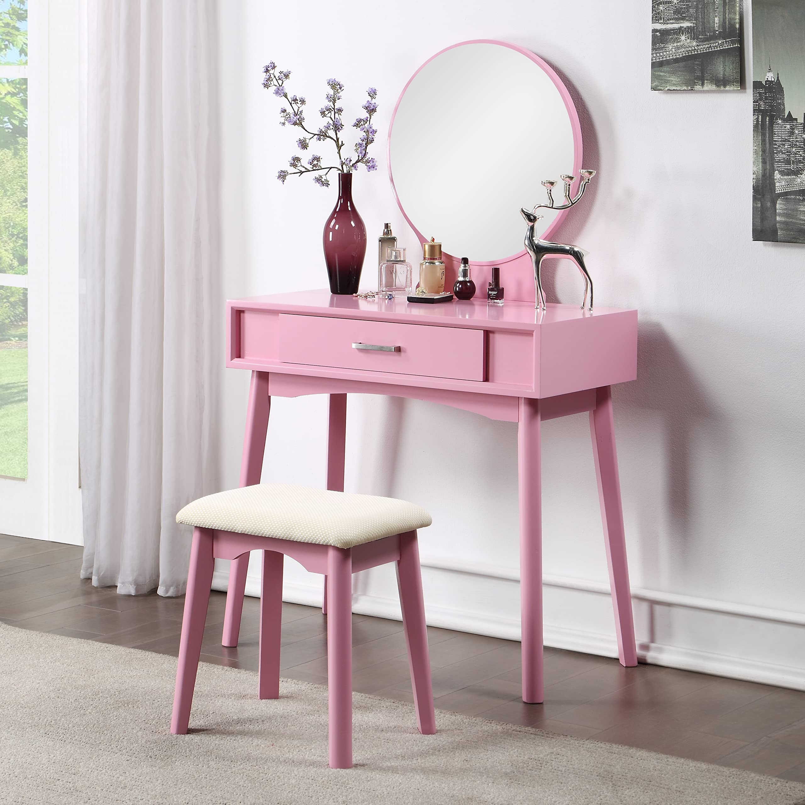Roundhill Furniture Maly Contemporary Wood Vanity and Stool Set in Pink - Modern Dressing Table with Matching Stool for Bedroom Makeup & Beauty Routine