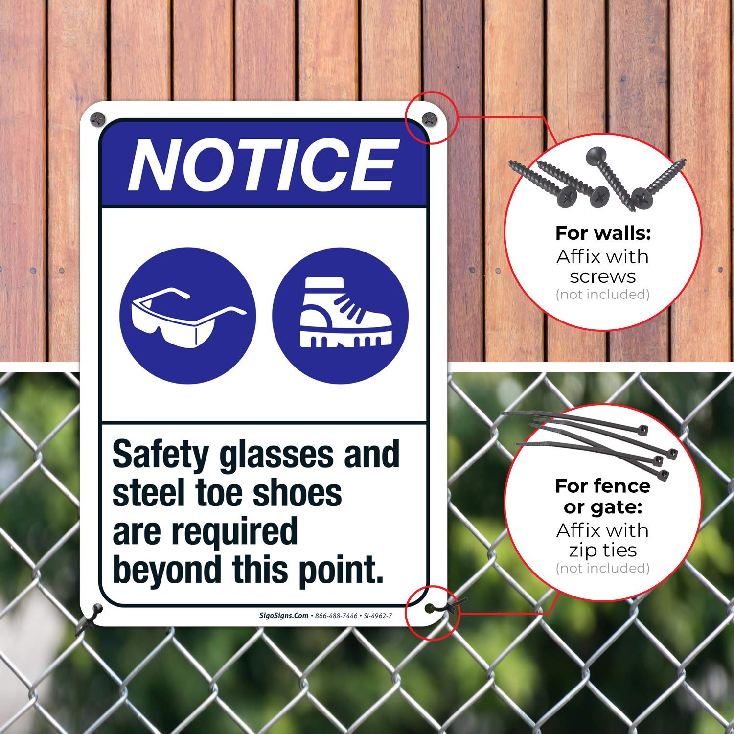 ANSI Safety Sign - 'Safety Glasses & Steel Toe Shoes Required Beyond This Point' - 10x7 Inches Rust-Free .040 Aluminum - Fade Resistant for Indoor/Outdoor Use - Made in USA - Perfect for Construction Sites, Warehouses & Industrial Facilities