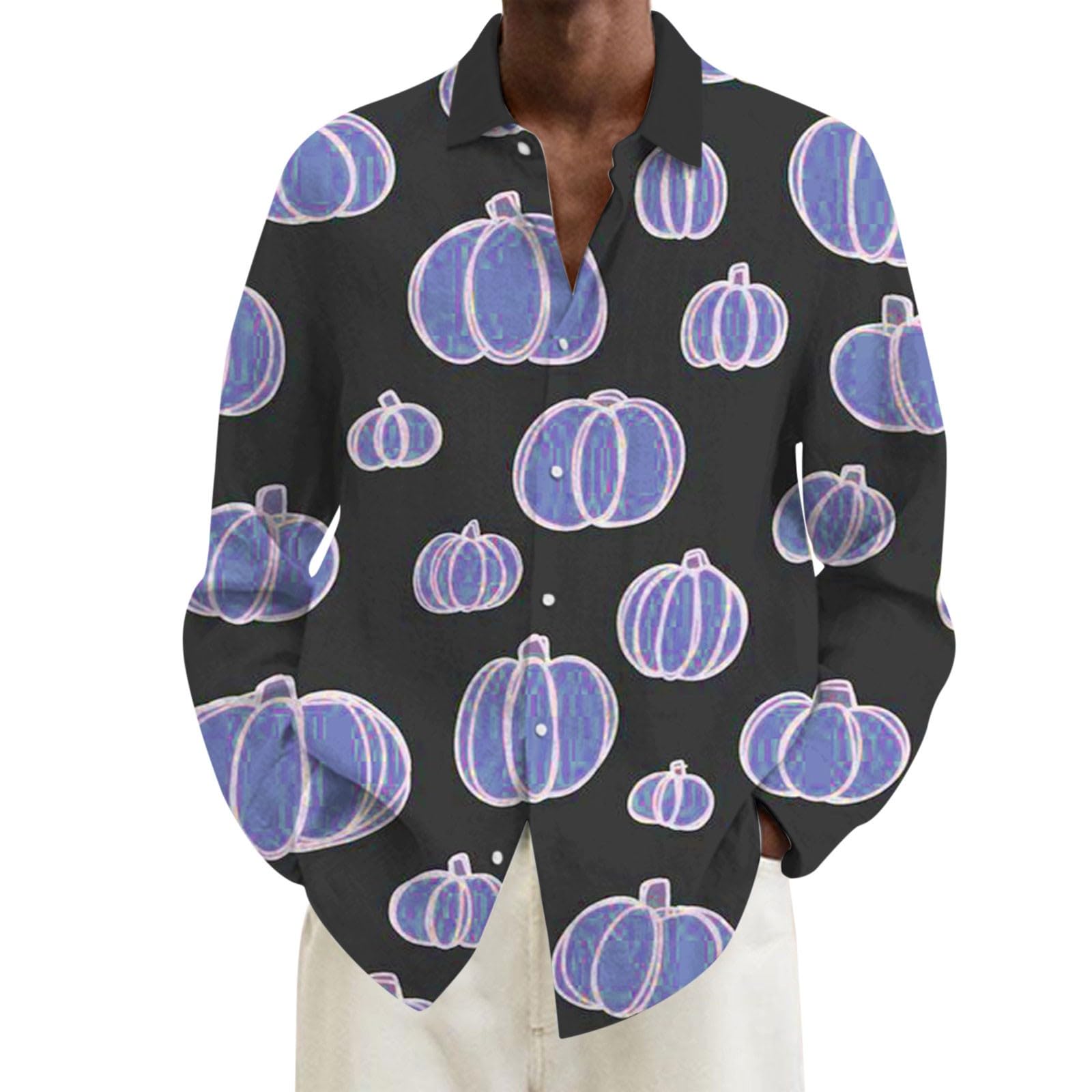 Parise Men's Halloween Long Sleeve Pumpkin Print Dress Shirt - Cute Button Down Fall Party Top for Casual Wear & Costume - Plus Size Available | Office, Halloween Party, Thanksgiving Celebration