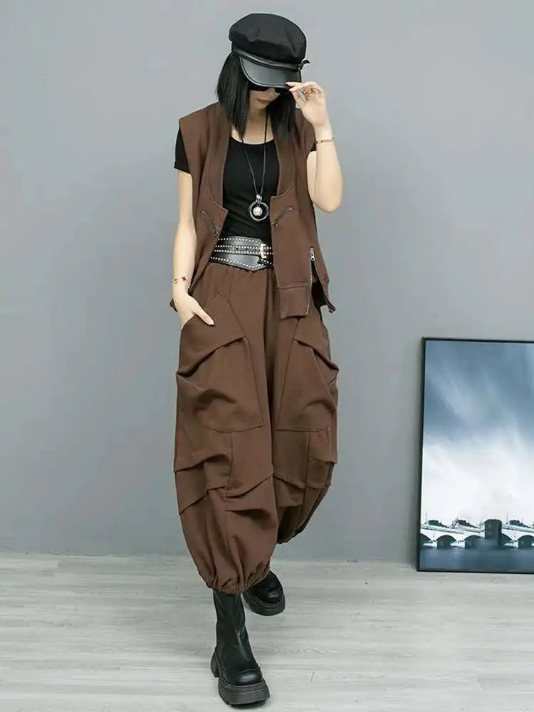 Big Size Coffee Vest & Wide Leg Pants Two-Piece Suit for Women - V-Neck Sleeveless Fashion Set for Spring/Autumn 2025 (1DH8108) | Office Wear, Casual Outfit & Special Occasion
