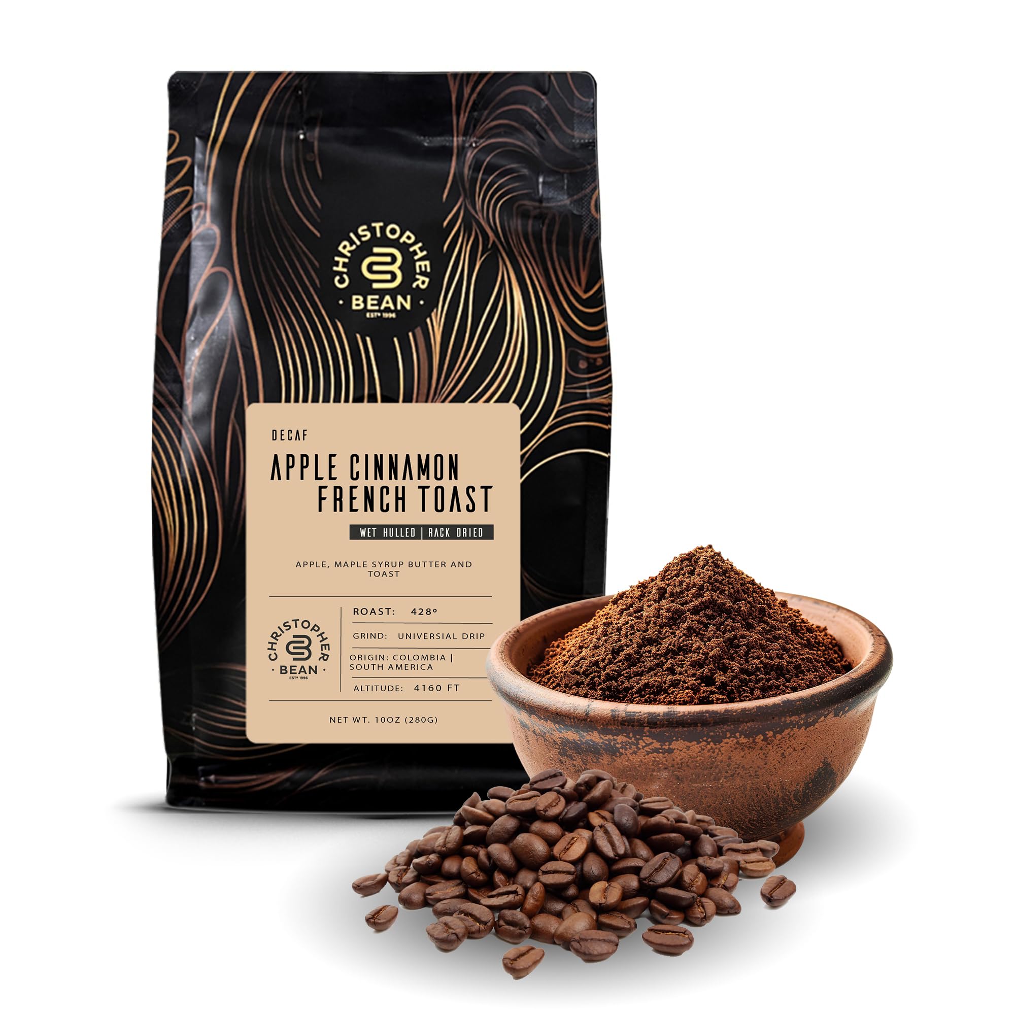 Premium Christopher Decaf Ground Coffee - Apple Cinnamon French Toast Flavored, 100% Arabica, Medium Roast | Sugar-Free, Non-GMO, No Fats | Perfect for Relaxing After Dinner, Morning Brew, or Office Break | 10-Ounce Bag