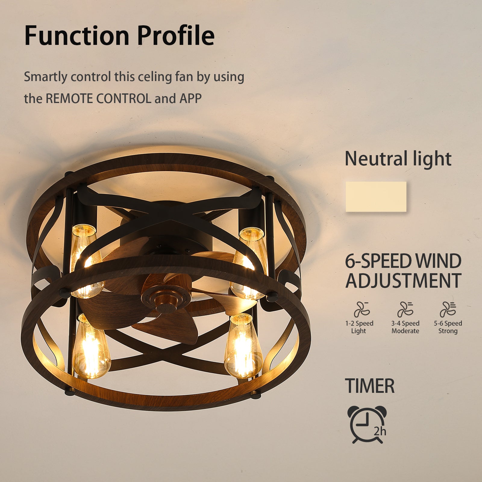18 Inch Caged Ceiling Fan with Lights, Remote Control & APP Control - Modern Industrial Style for Living Room, Bedroom, or Patio (Bulbs Not Warranted)
