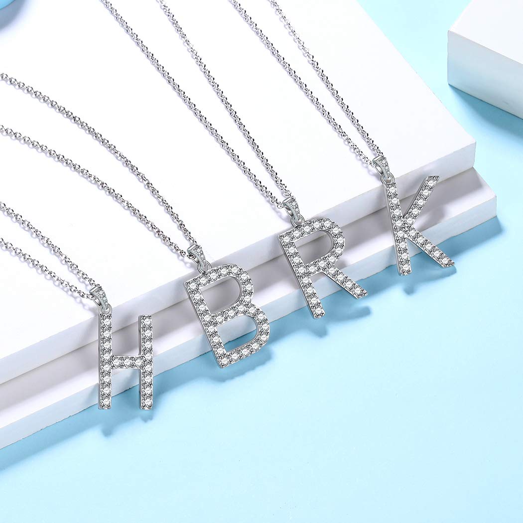 18K White Gold Plated 925 Sterling Silver Initial Letter Pendant Necklace for Women & Men - Cubic Zirconia Monogram Jewelry with Gift Box - Perfect Birthday Gift, Anniversary Present & Personalized Fashion Accessory for Everyday Wear
