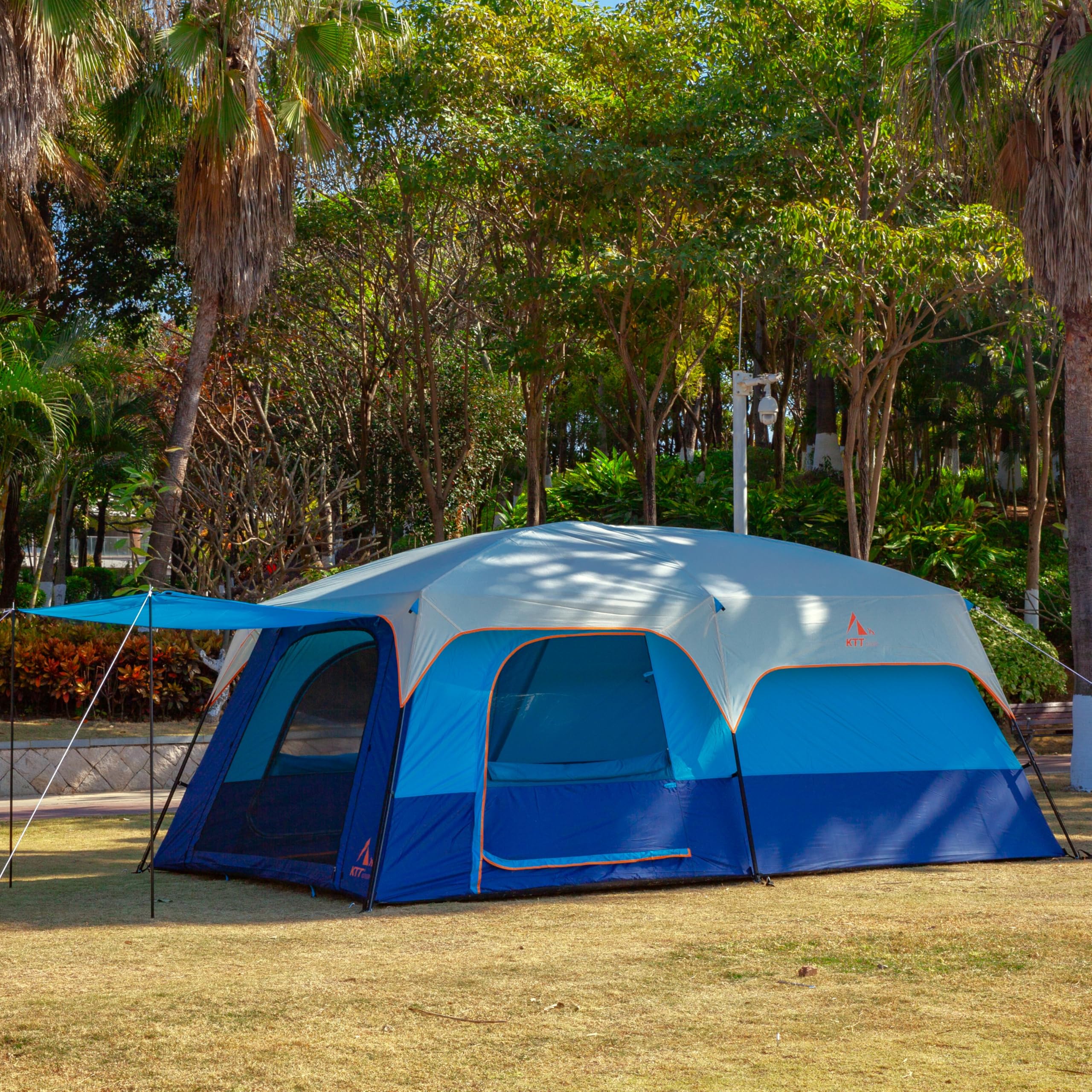 KTT Extra Large Family Cabin Tent for 10-12-14 People - 2 Rooms, 3 Doors & 3 Windows with Mesh, Straight Wall Design, Waterproof Double Layer - Perfect for Camping, Picnics, Outdoor Adventures & Family Gatherings