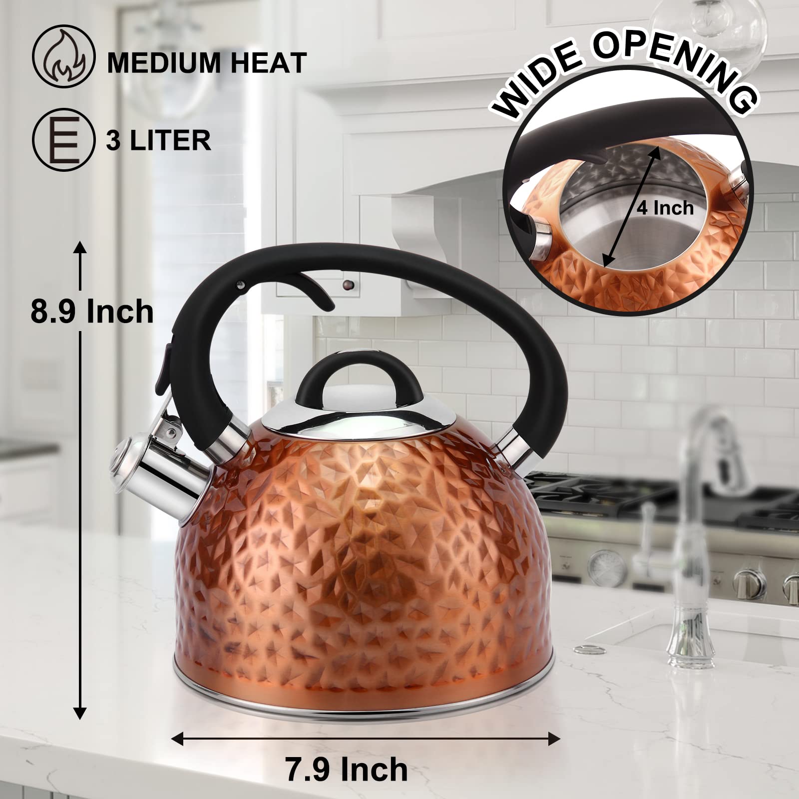 Premium Copper Tea Kettle with Whistle - 3.2 Quart Stainless Steel Teapot with Unique Button Control & Loud Whistle - Food Grade Safe for Boiling Water - Perfect for Home, Office & Tea Ceremonies (Bronze)