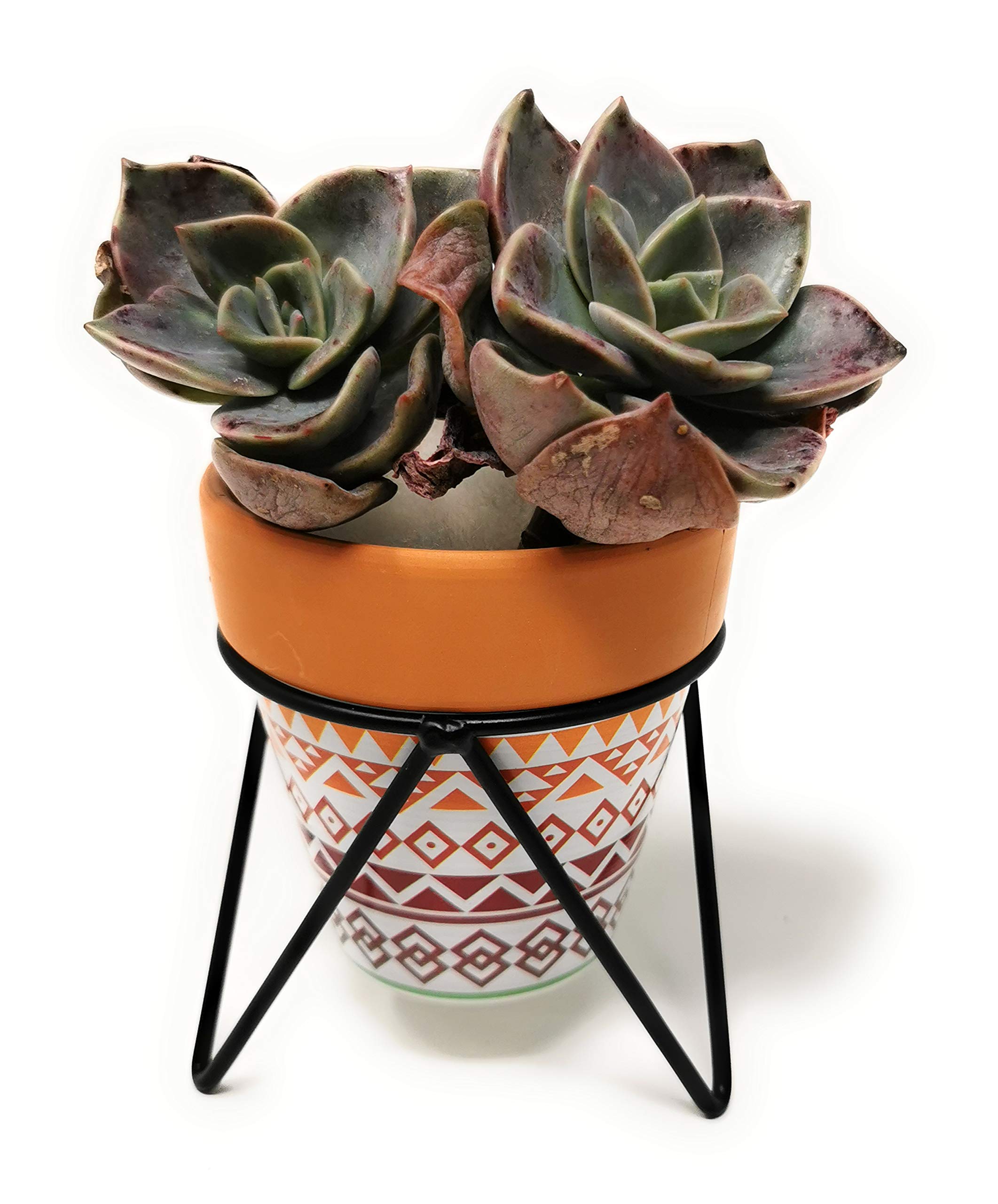 TJ Global Succulent Cactus Planter - Tribal Print Terracotta Pot with Iron Stand, Small Indoor Plant Pot with Drainage Hole for Home, Office, Desk, or Garden Decor | Perfect for Succulents, Cacti, and Small Plants