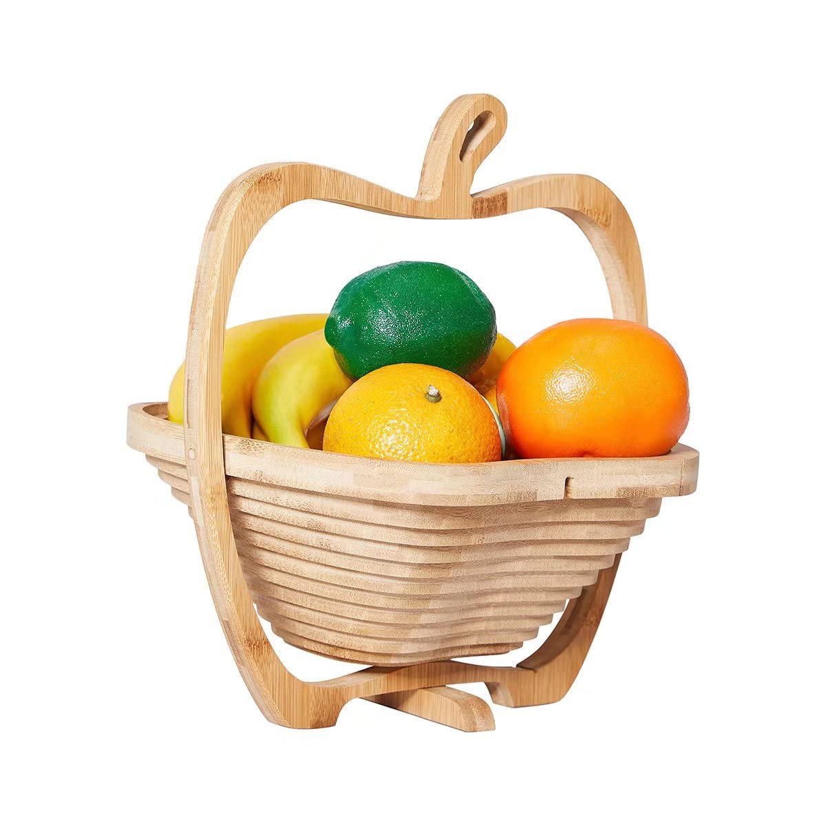 Foldable Bamboo Fruit Basket - Apple Shaped Collapsible Dried Fruit, Nuts & Candy Bowl | Wooden Snack Box for Kitchen Counter, Dining Table & Party Serving | Perfect for Fruits, Bread, Snacks & Gift Giving