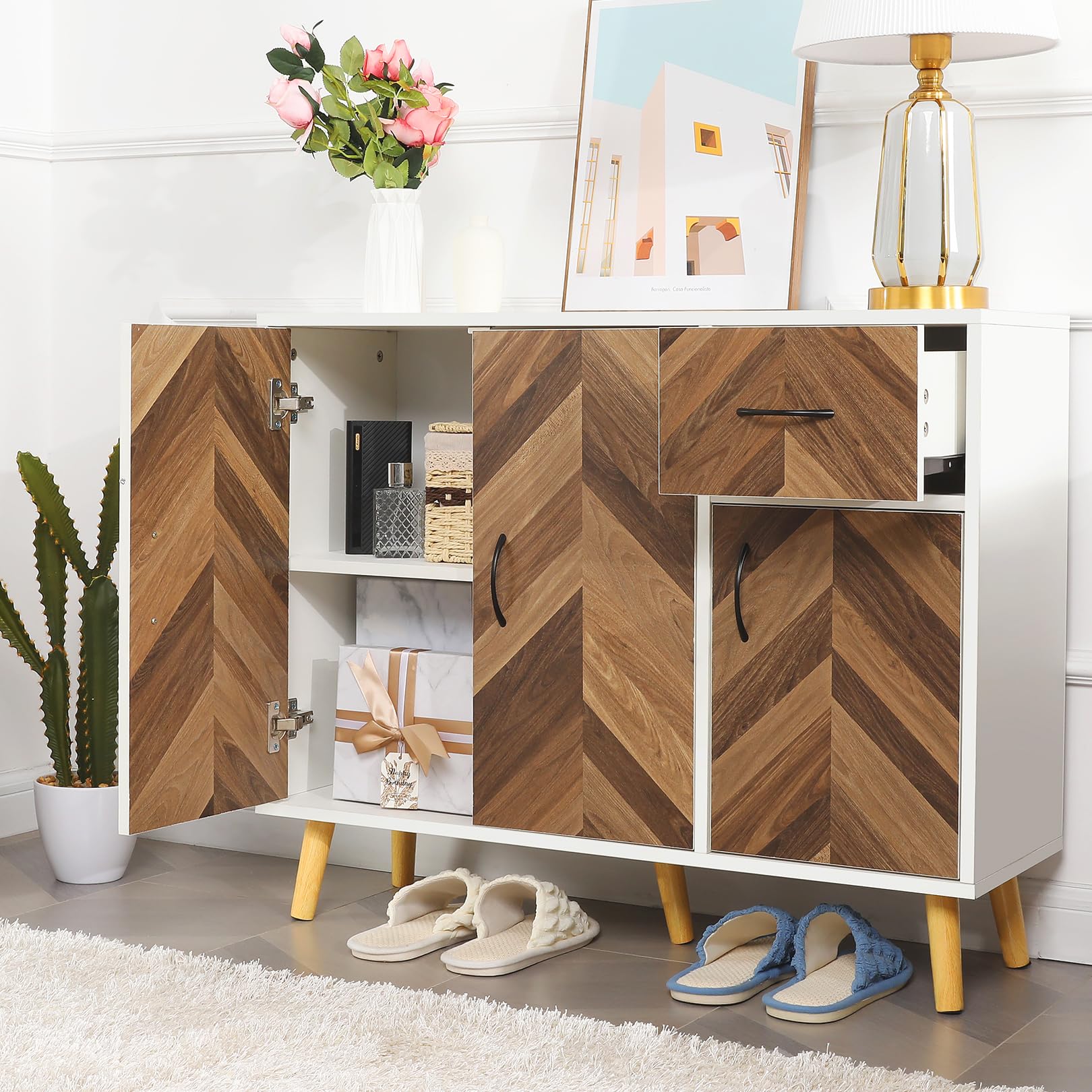 Mid-Century Modern Sideboard Buffet Cabinet with Storage - Slim Console Table with Drawers for Kitchen, Living Room, Hallway & Entryway - White Brown Rustic Finish - Perfect for Dining Room Storage & Home Decor