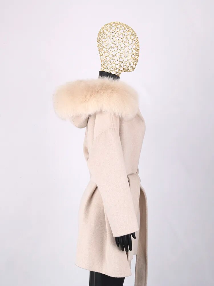 Luxury Women's Cashmere Wool Coat with Real Fox Fur Collar - Winter Long Loose Outerwear with Belt | Elegant Warm Jacket for Cold Weather, Office Wear & Special Occasions