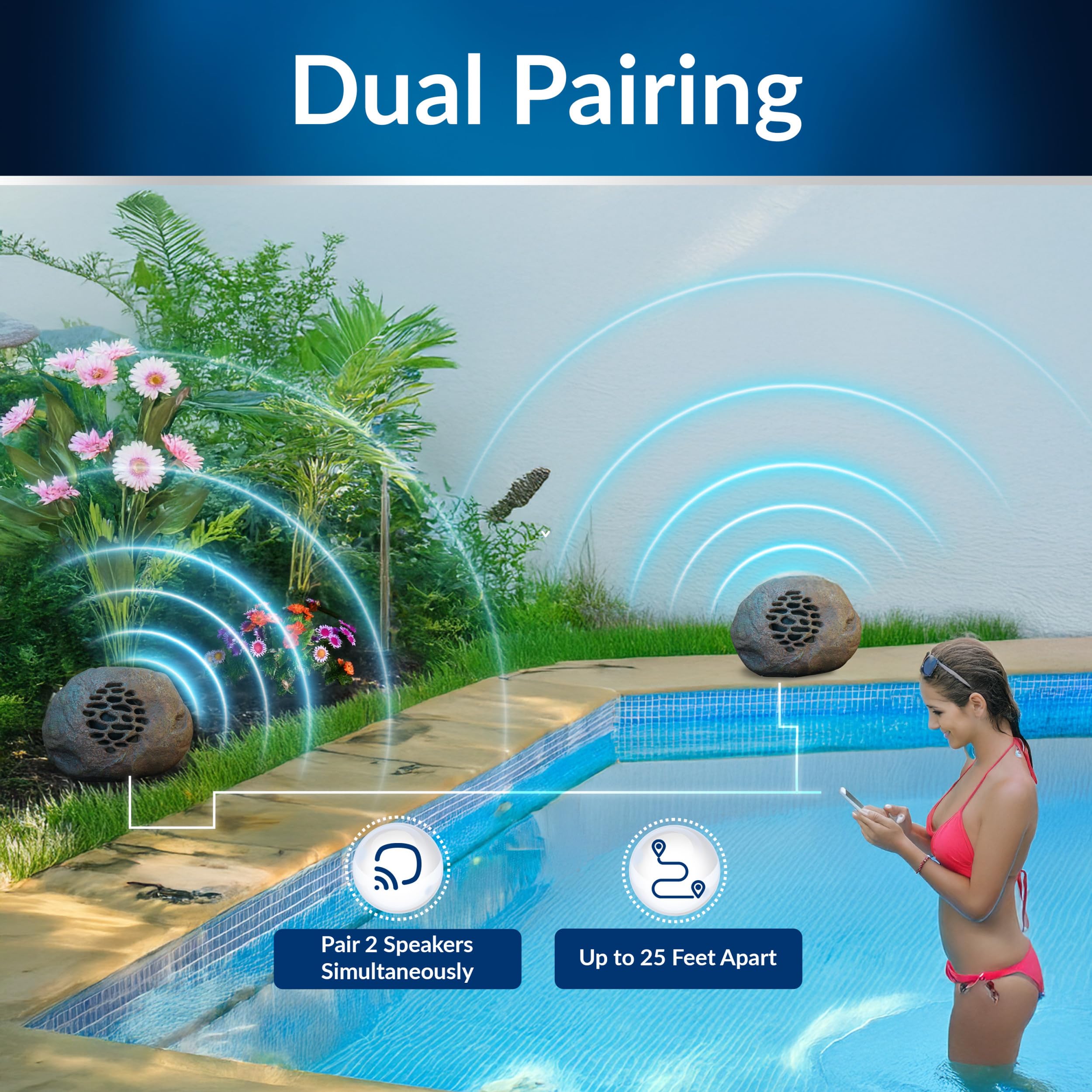 Alpine Corporation Waterproof Bluetooth Solar-Powered Outdoor Wireless Rock Speakers (Set of 2) – 50ft Range, Durable Wireless Sound System for Patio, Garden, Yard & Pool – Perfect for Outdoor Parties, BBQs & Backyard Relaxation