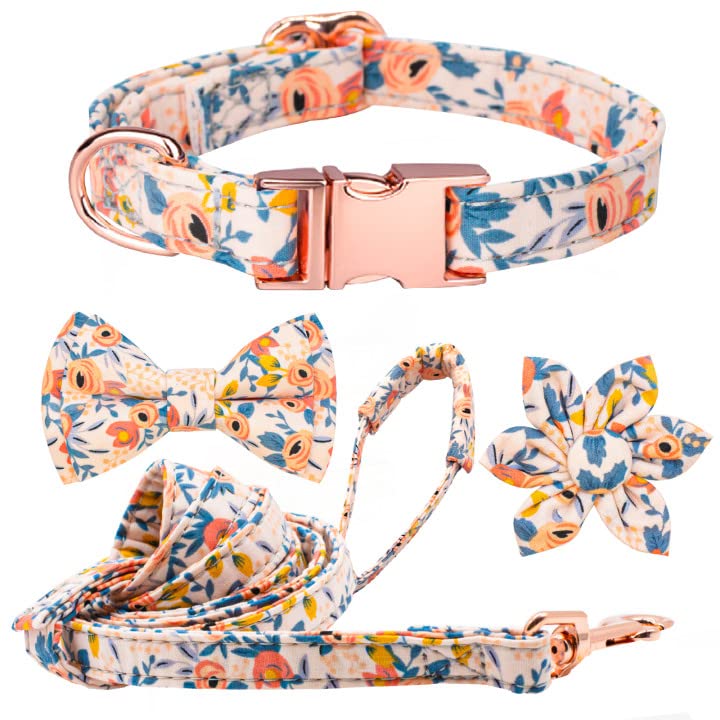Adjustable Dog Collar and Leash Set with Flower Bow Tie - Metal Buckle, Dog Tag Included - for Small, Medium & Large Dogs (X-Small, Orange Floral) - Perfect for Walks, Training & Special Occasions