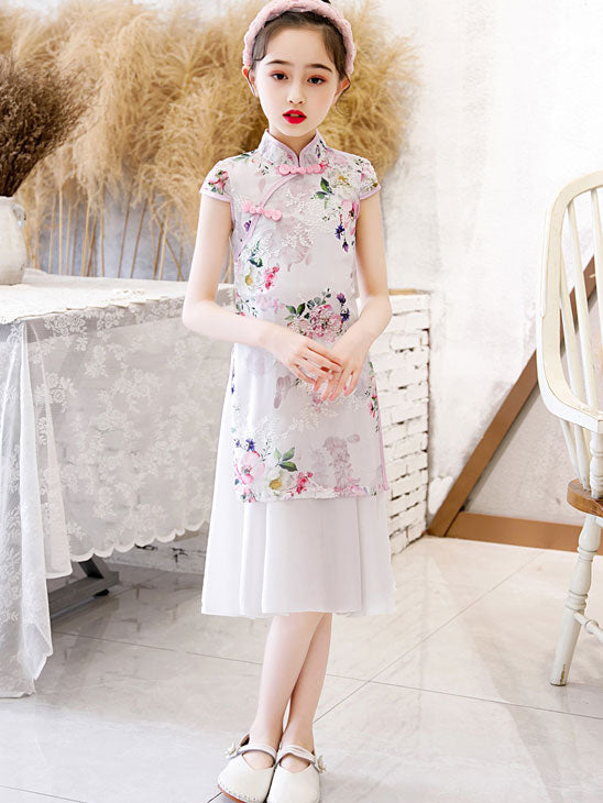 Floral Chiffon Chinese Cheongsam Dress for Girls - Elegant Qi Pao with Frill Hem - Perfect for Birthday Parties, Cultural Events & Photo Shoots