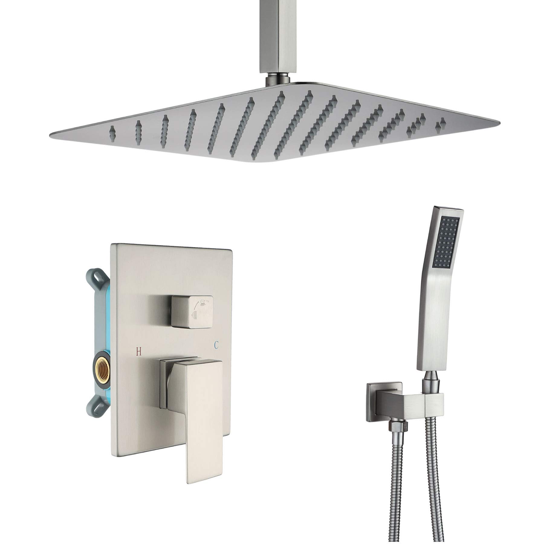 Luxury Brushed Nickel Ceiling Mounted Shower System - 12 Inch Rainfall Shower Head with Handheld Spray & Rough-in Valve | Modern Bathroom Fixture for Spa-Like Experience