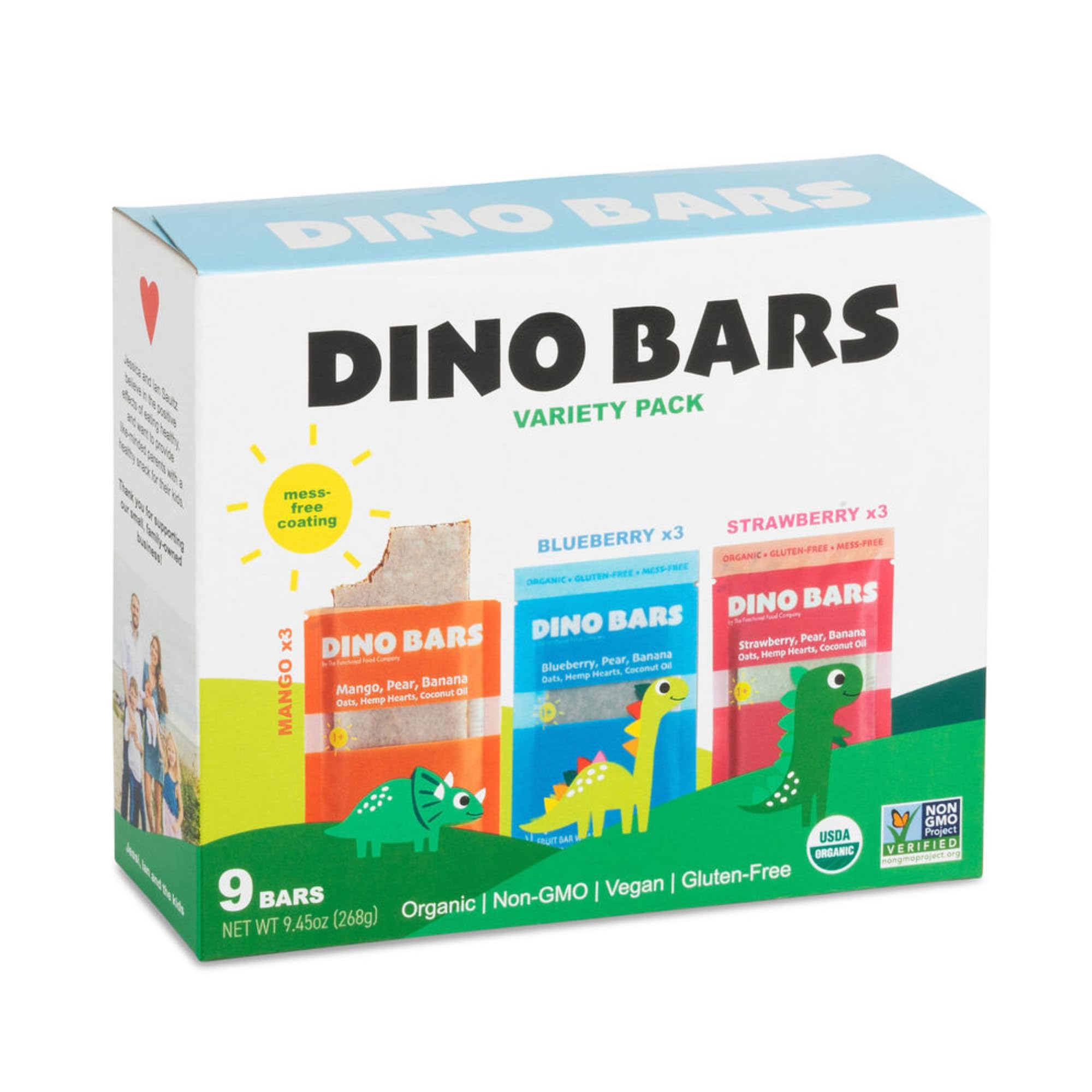 Organic Dino Bars for Kids - Healthy Dinosaur Snacks with Fruit, Oats, Hemp Hearts & Coconut Oil | Blueberry, Strawberry & Mango Flavored Toddler Bars | Edible Paper Wrapped | Variety 9 Pack for Ages 1+ | Perfect for School Lunches, Road Trips & On-the-Go Snacking