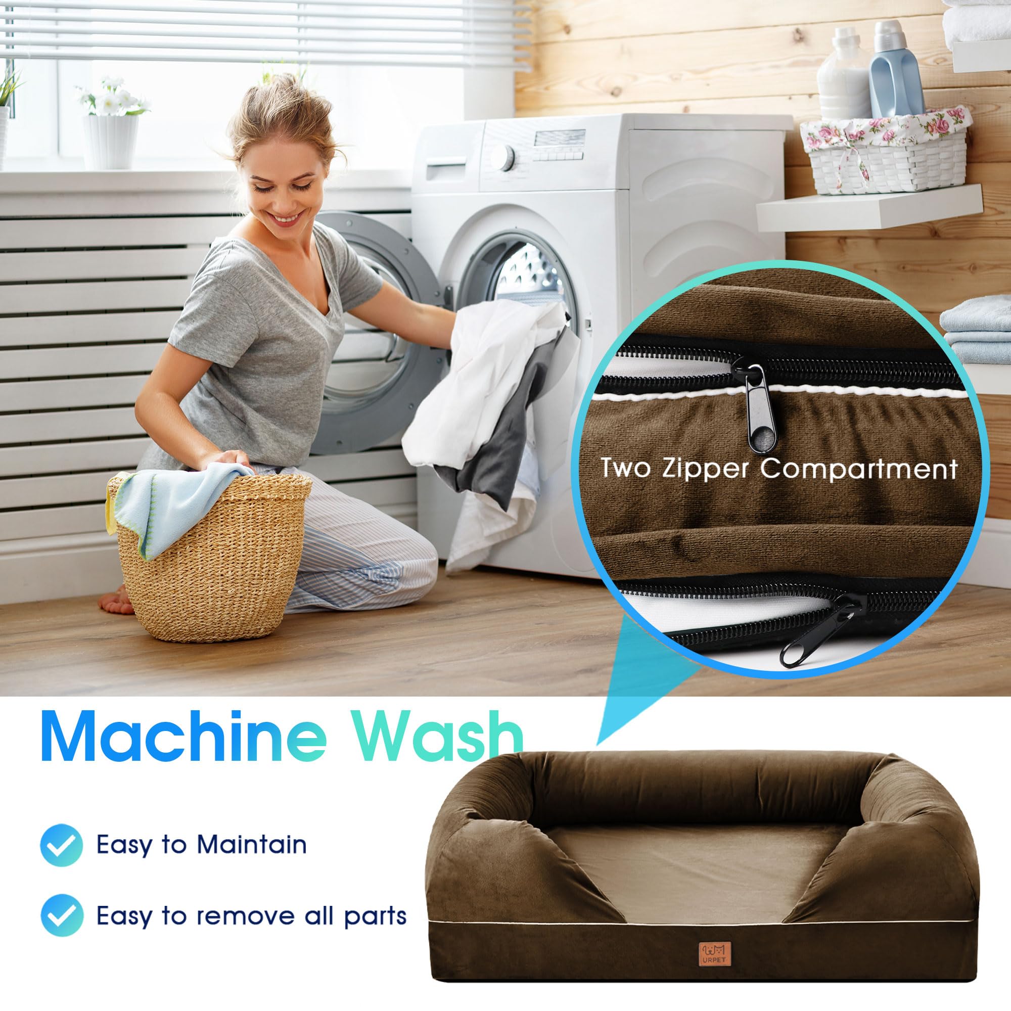 Orthopedic Dog Bed for Extra Large Dogs - XL Washable Memory Foam Pet Sofa with Waterproof Liner & Removable Cover, Non-Slip Bottom, Brown, 44x34x10 Inches - Perfect for Living Room, Bedroom, or Kennel Use