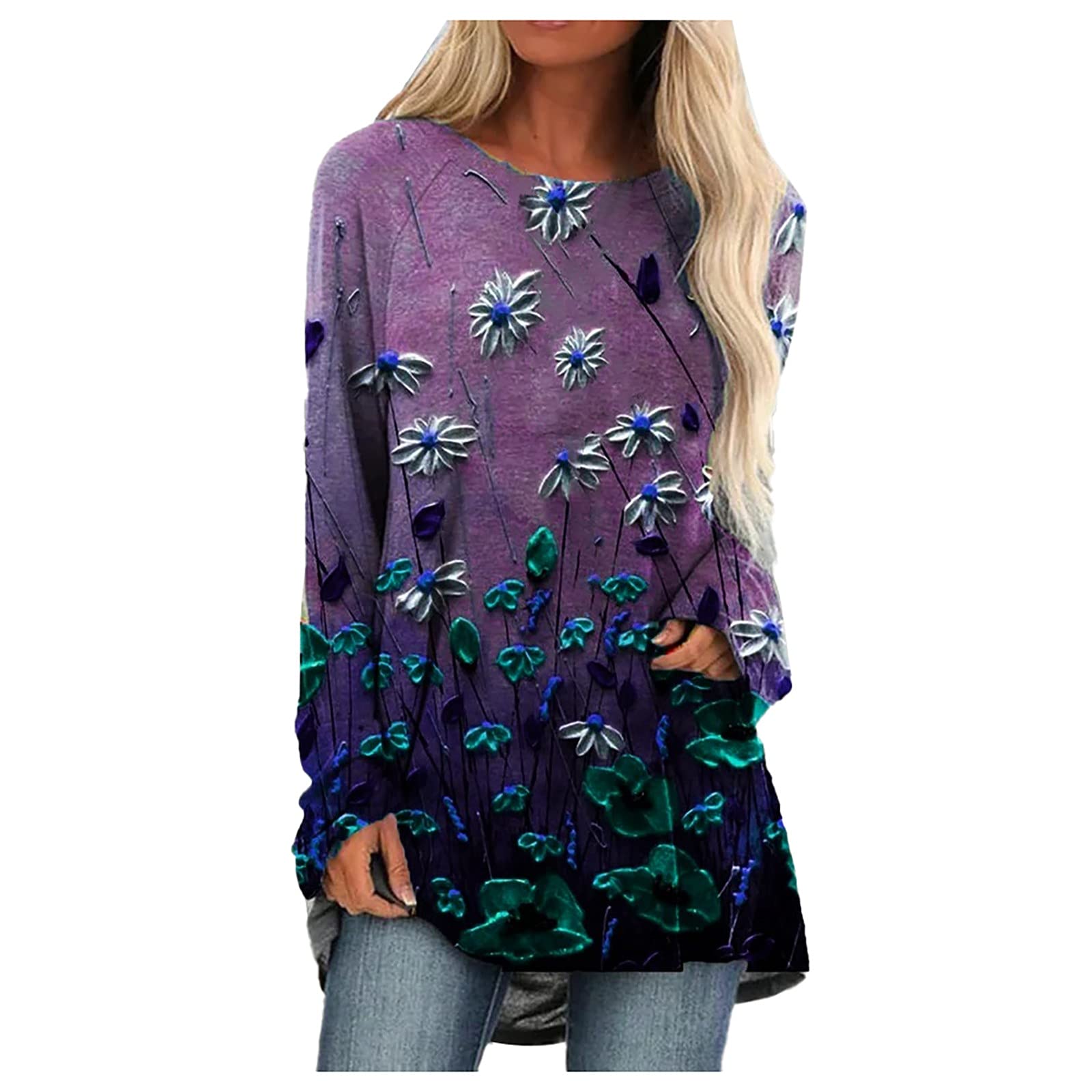 Women's Floral Print Long Sleeve Pullover Top - Round Neck Polyester Cotton Blend Shirt for Casual Wear, Office & Spring Outfits