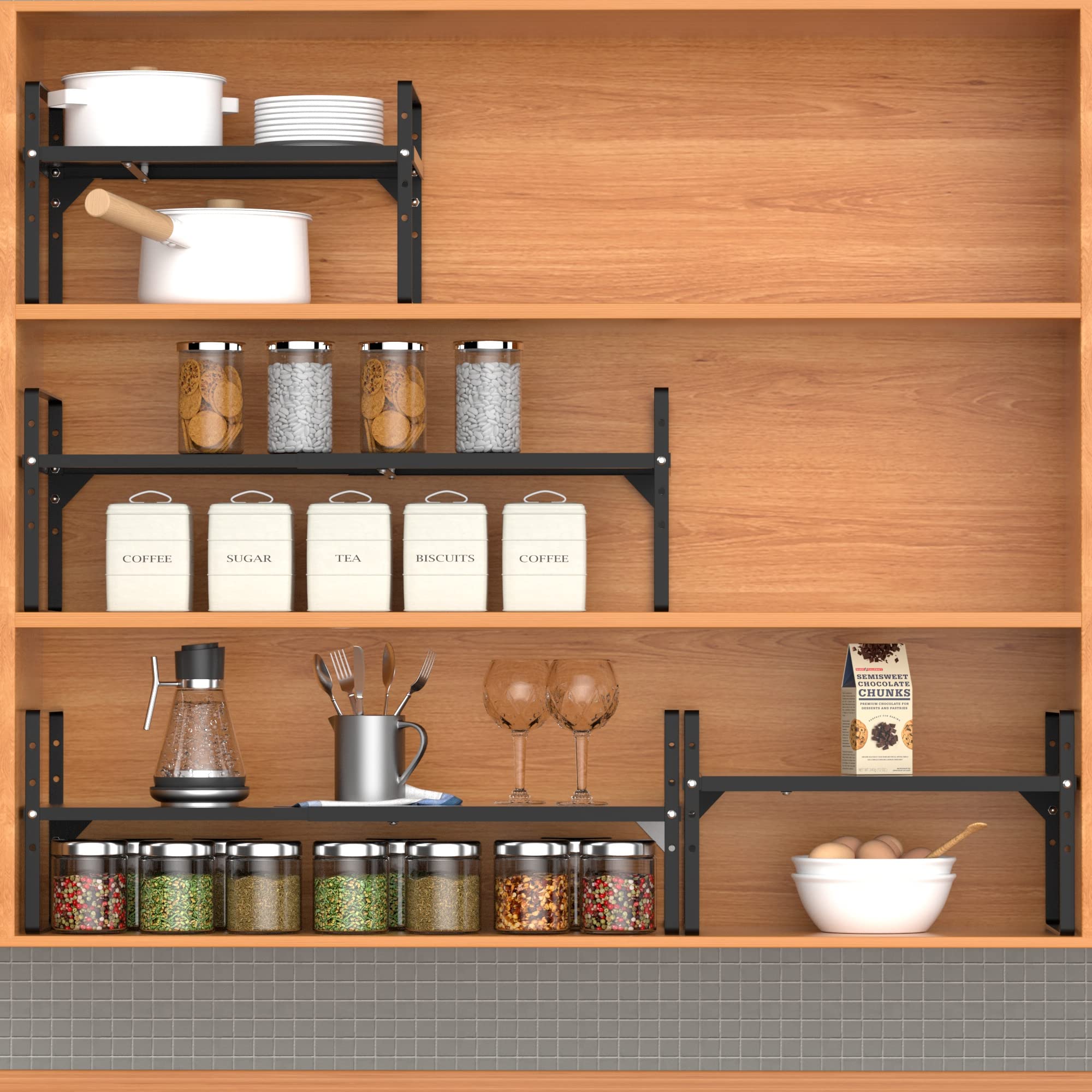 iPEGTOP Expandable Cabinet Organizer - Heavy Duty Steel Spice Rack with Adjustable Height for Kitchen, Pantry, Office & Garage Storage - Space Saving Shelf Riser for Counter Organization (Black, 1 Pack) - Perfect for Small Spaces & Clutter-Free Home Organization