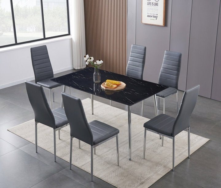 7-Piece Black Marble Glass Dining Table Set with Grey Horizontally Stitched Chairs - Modern Kitchen & Dining Room Furniture for Family Gatherings & Dinner Parties