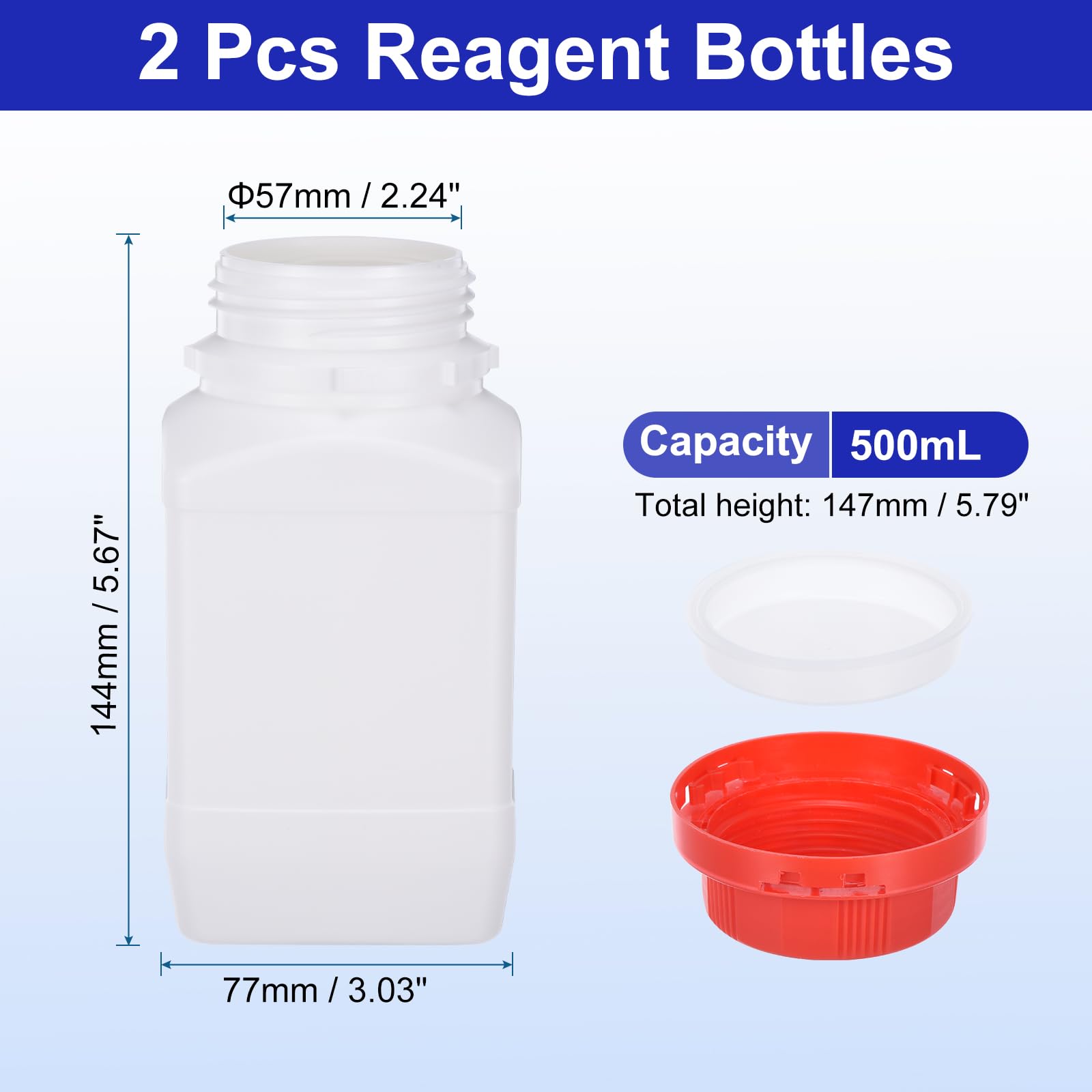 PATIKIL 2 Pack 500ml HDPE Wide Mouth Square Reagent Bottles with Screw Cap - Leak Proof Lab Storage for Water, Chemicals & Solid Samples - Ideal for Science Experiments, Classroom Labs & Industrial Use (White)