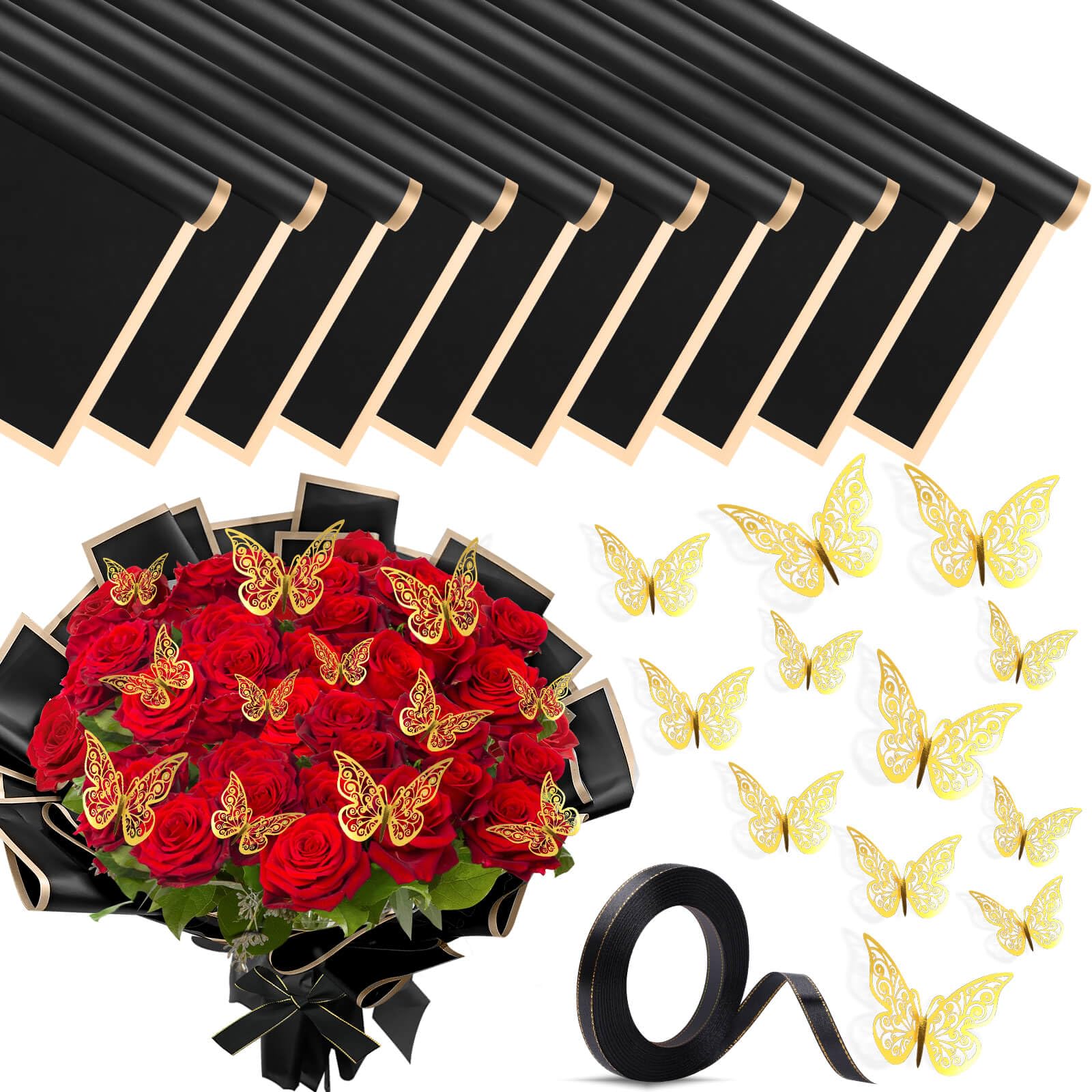 Waterproof Floral Wrapping Paper - 20 Sheets Bouquet Gift Wrap with 3D Butterflies & Ribbons for Wedding, Birthday, Florist Arrangements - Perfect for DIY Flower Bouquets, Gift Packaging and Special Occasions