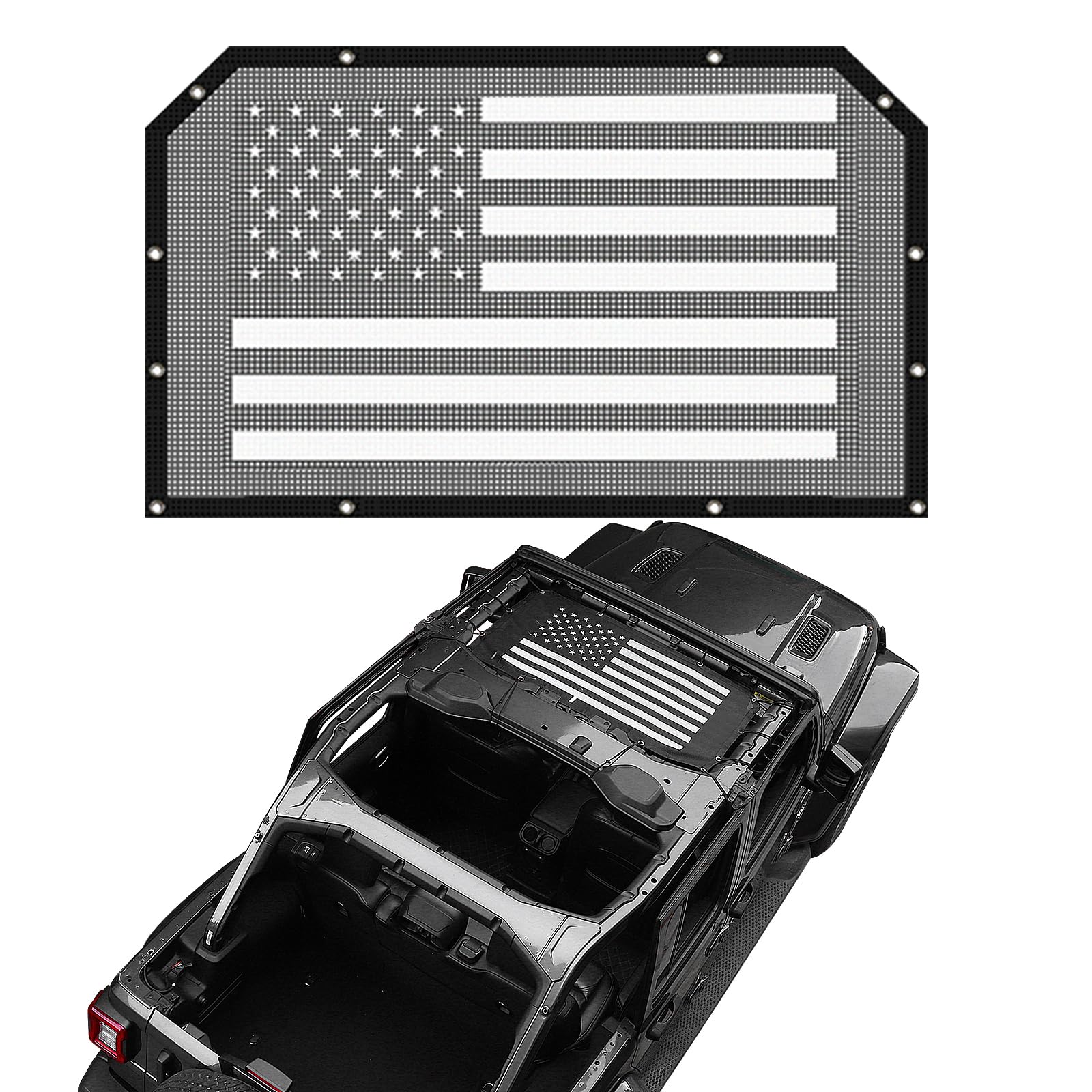 Jeep JL Bikini Top Sunshade Mesh with US Flag Design - Black Mesh Sun Shade for Jeep Wrangler JL/JLU & Gladiator JT (2018+ Models) | UV Protection & Off-Road Accessories for Summer Beach & Outdoor Adventures