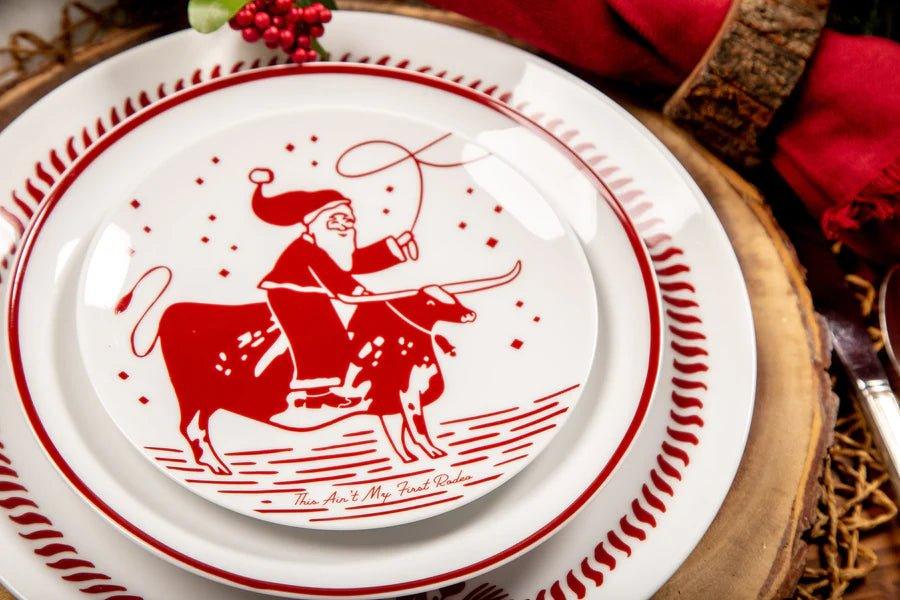 Santa's Longhorn Sleigh Plate Set - 4-Piece Christmas Dinnerware for Holiday Entertaining | Rustic Western Style Ceramic Plates for Christmas Parties, Family Gatherings & Festive Decor