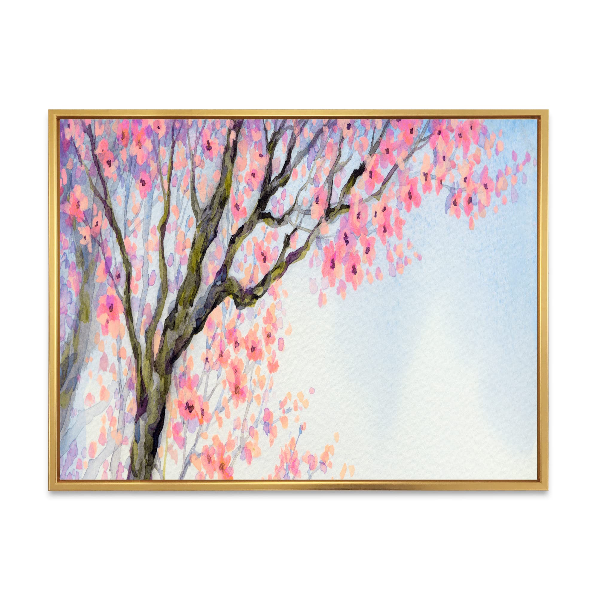 DesignQ Beautiful Pink Bird on Flowering Branch II - Traditional Framed Canvas Wall Art Print for Living Room, Bedroom & Office Decor