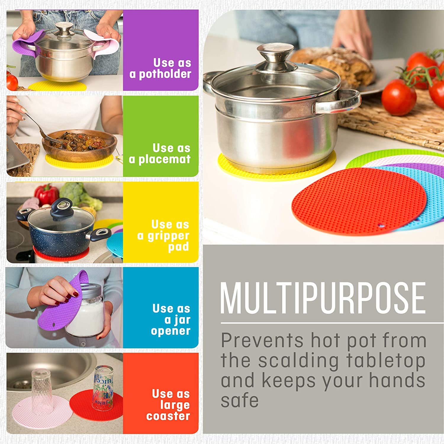Heat Resistant Silicone Pot Holders - 4pc Non-Slip Trivet Mats for Hot Dishes & Jar Opening - Kitchen & BBQ Use