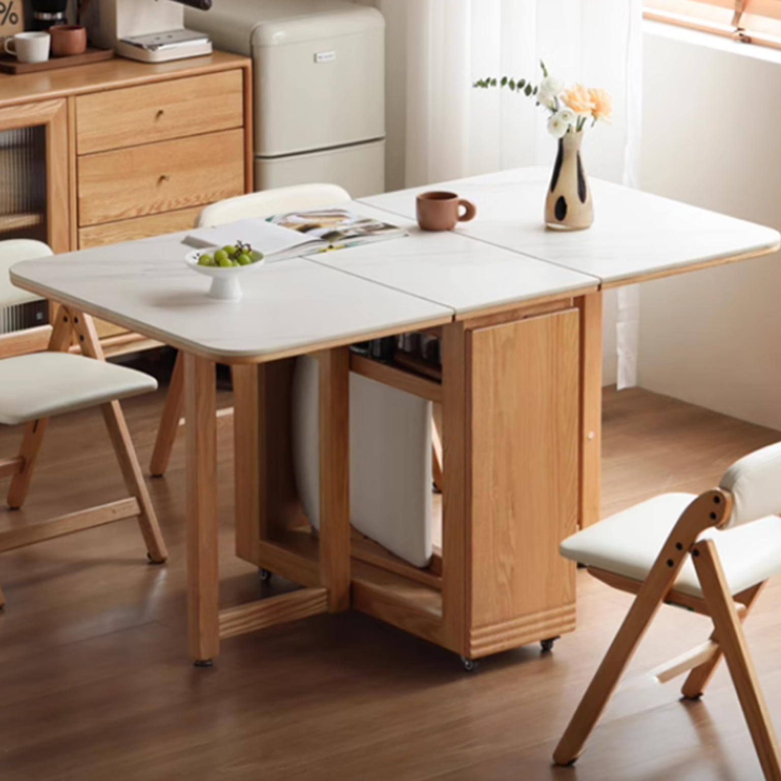 Solid Oak Wood Modern Rock Slab Folding Dining Table - Extendable Space-Saving Design for Small Apartments, Kitchens & Outdoor Dining