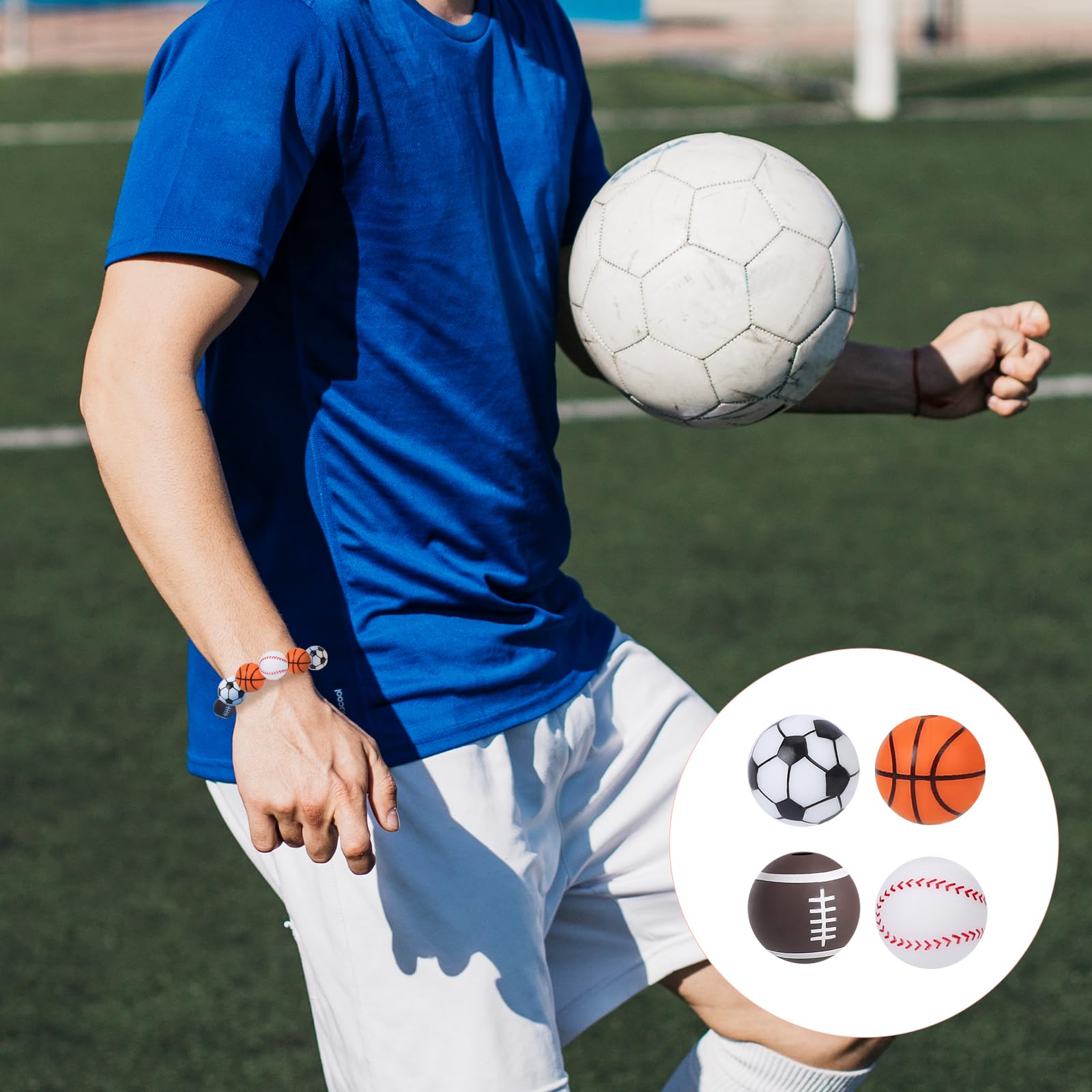 15mm Silicone Sports Beads - 24pcs Multicolor for DIY Jewelry & Keychains - Football Basketball Baseball Crafts