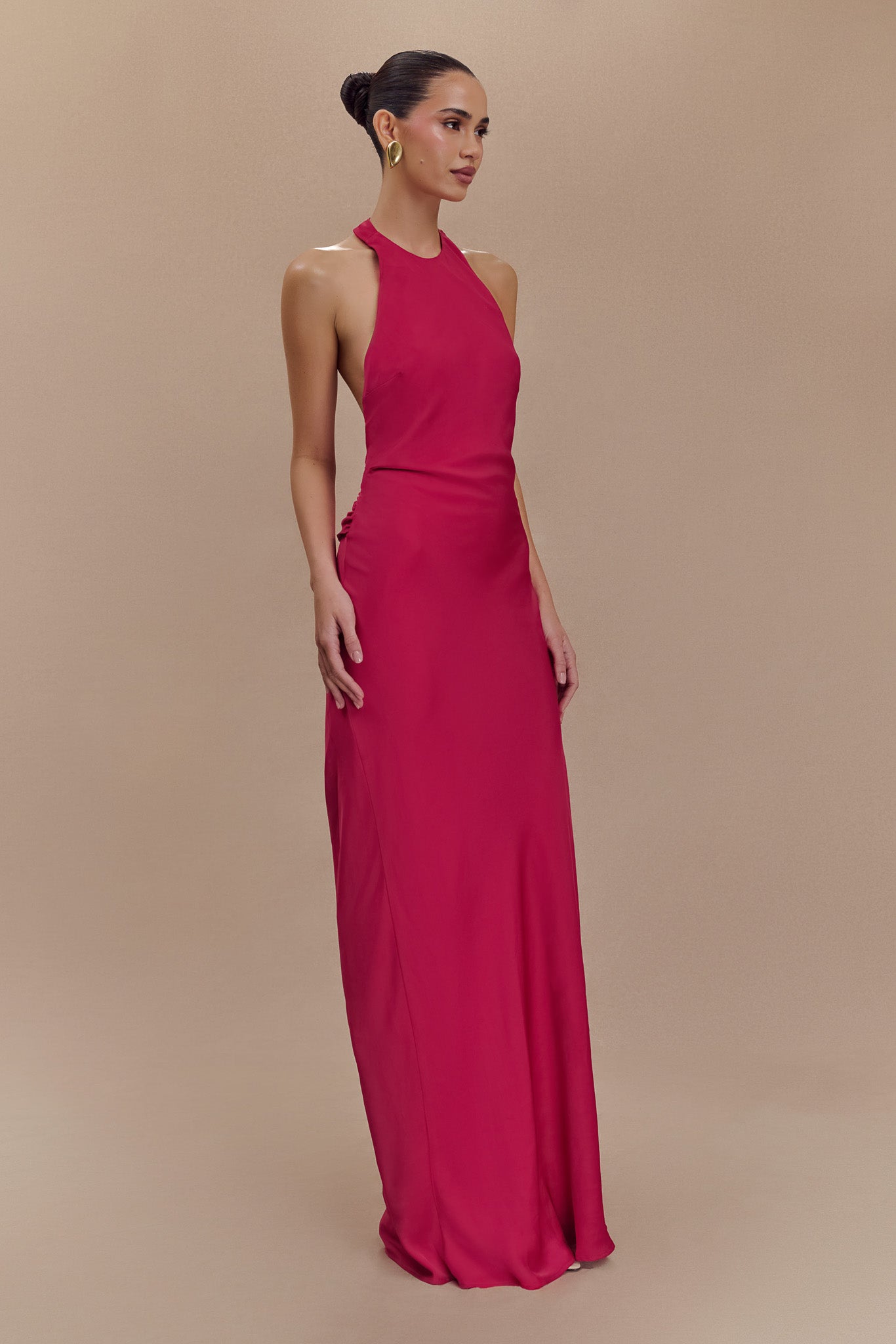 Rinna Satin Halter Maxi Dress in Pink Cherry - Elegant Summer Beach Wedding Party Gown for Women