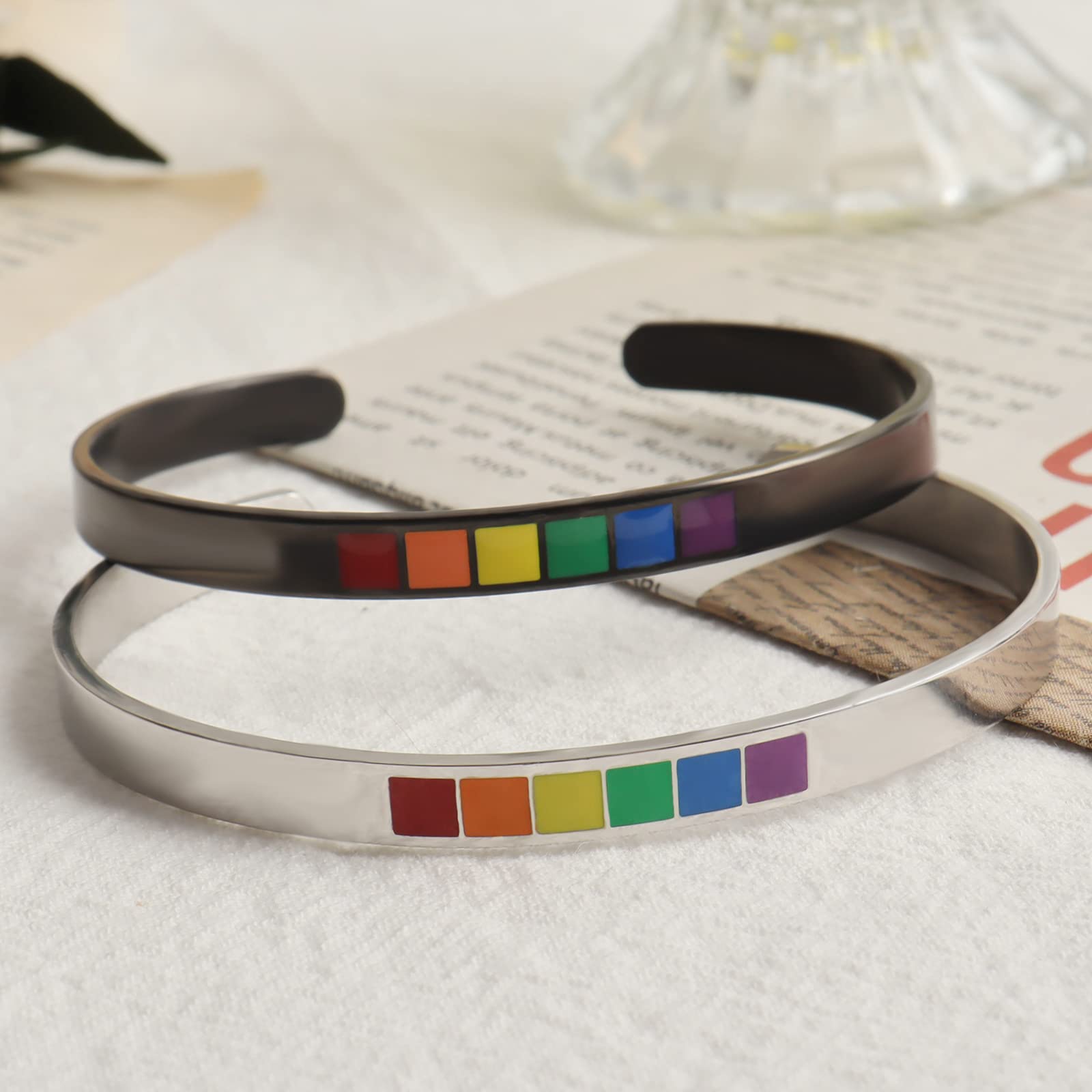 2PCS Pride Bracelets for Women & Couples - LGBTQ Rainbow Stainless Steel Open Bangle Bracelets - Perfect for Pride Month, LGBTQ Events & Matching Couple Jewelry