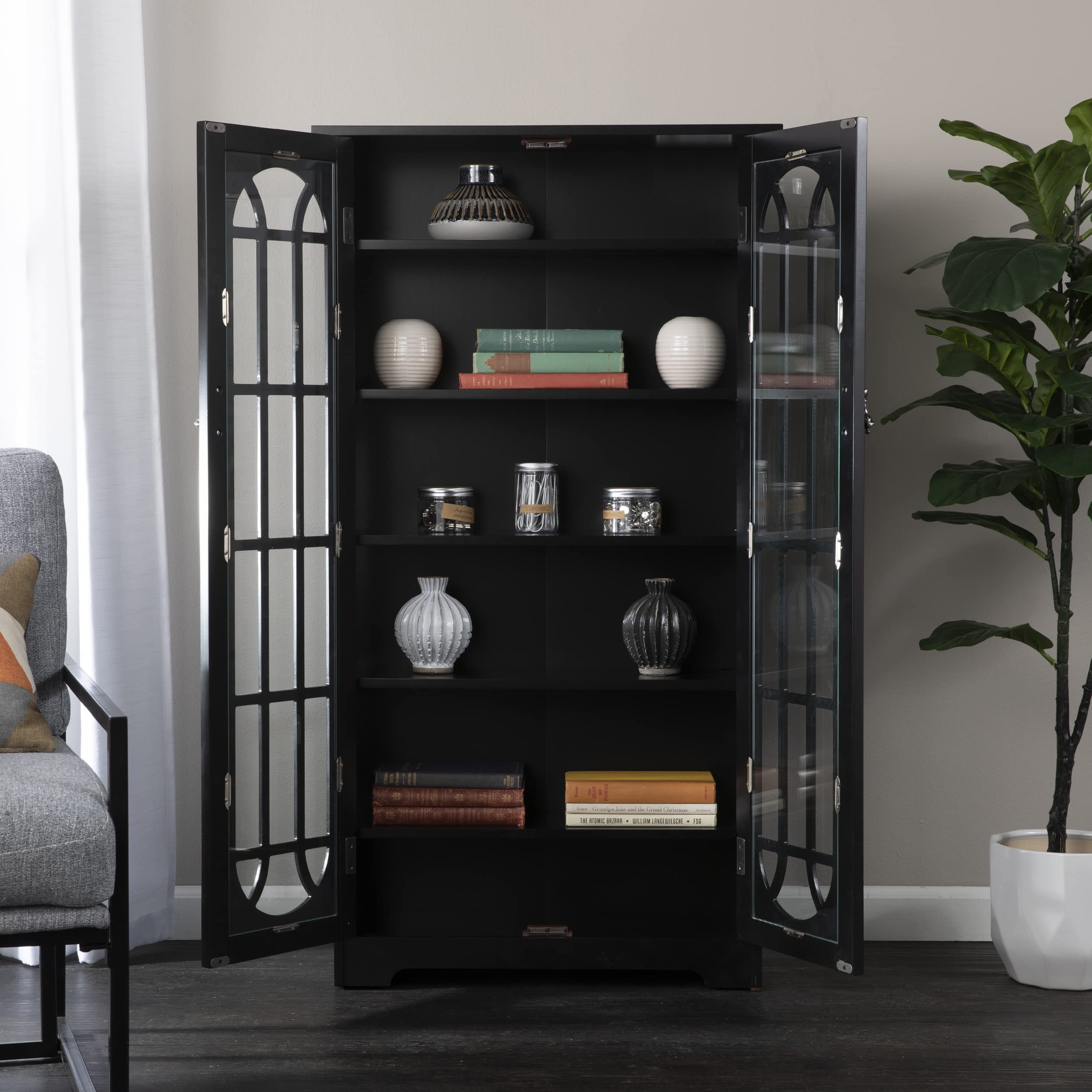 SEI Furniture Black Window Pane Media Cabinet - Modern TV Stand with Storage for Living Room, Bedroom & Home Theater