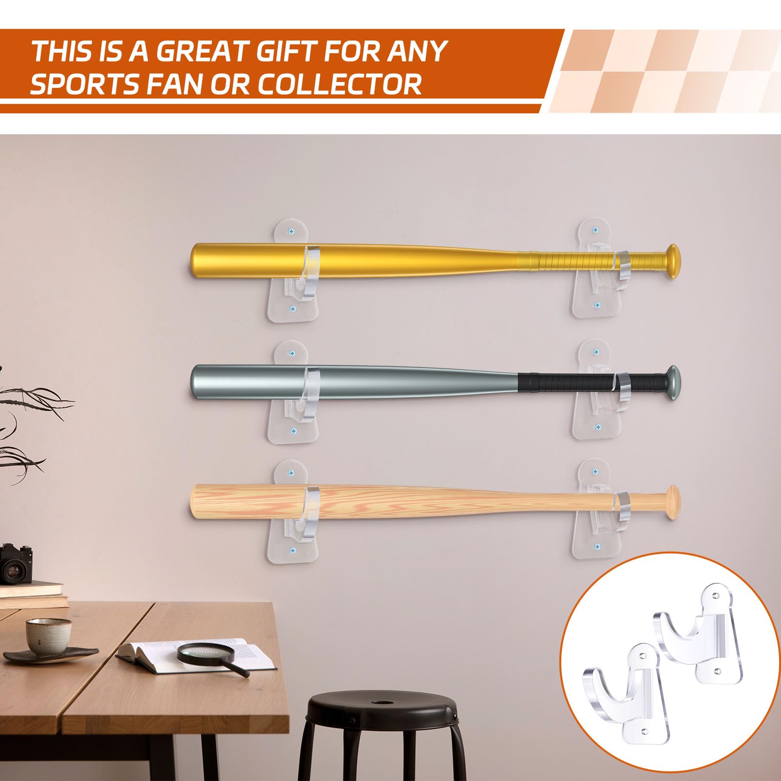 3 Sets Acrylic Baseball Bat Wall Mount Display Rack - Clear Bat Holder for Softball & Baseball Memorabilia (Fits 2-5/8'' Barrel) - Perfect for Home, Office, or Sports Room Decor