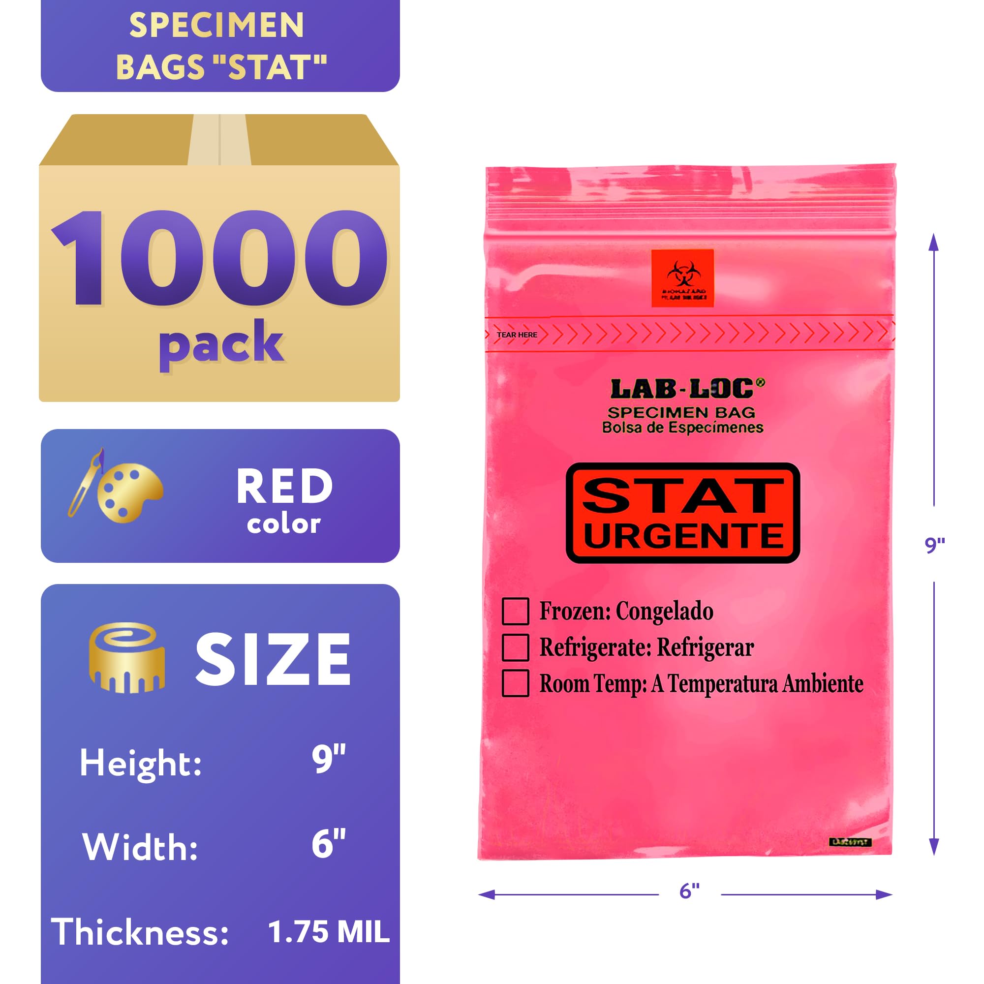 APQ 1000 Pack 6x9 Red Zipper Plastic Specimen Bags - 1.75 mil Low Density Polyethylene for Medical Use | Biohazard Symbol Removable | Ideal for Clinics, Hospitals & First Aid Kits