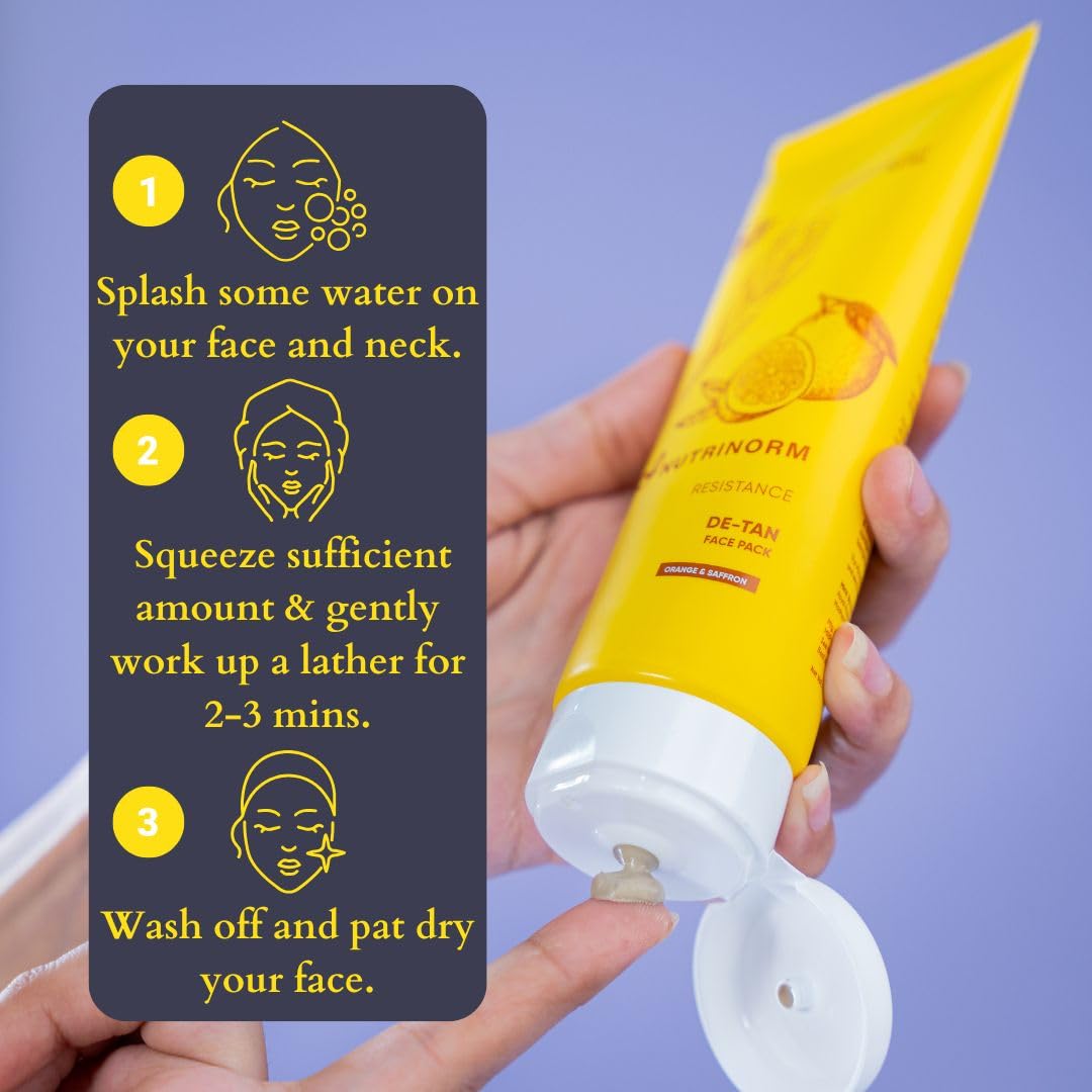 Nutrinorm De Tan Face Pack with Saffron & Orange - Paraben-Free Brightening Facial Mask for Instant Glow & Radiance (100g) | Perfect for Post-Sun Care, Evening Skin Tone & Special Occasion Prep