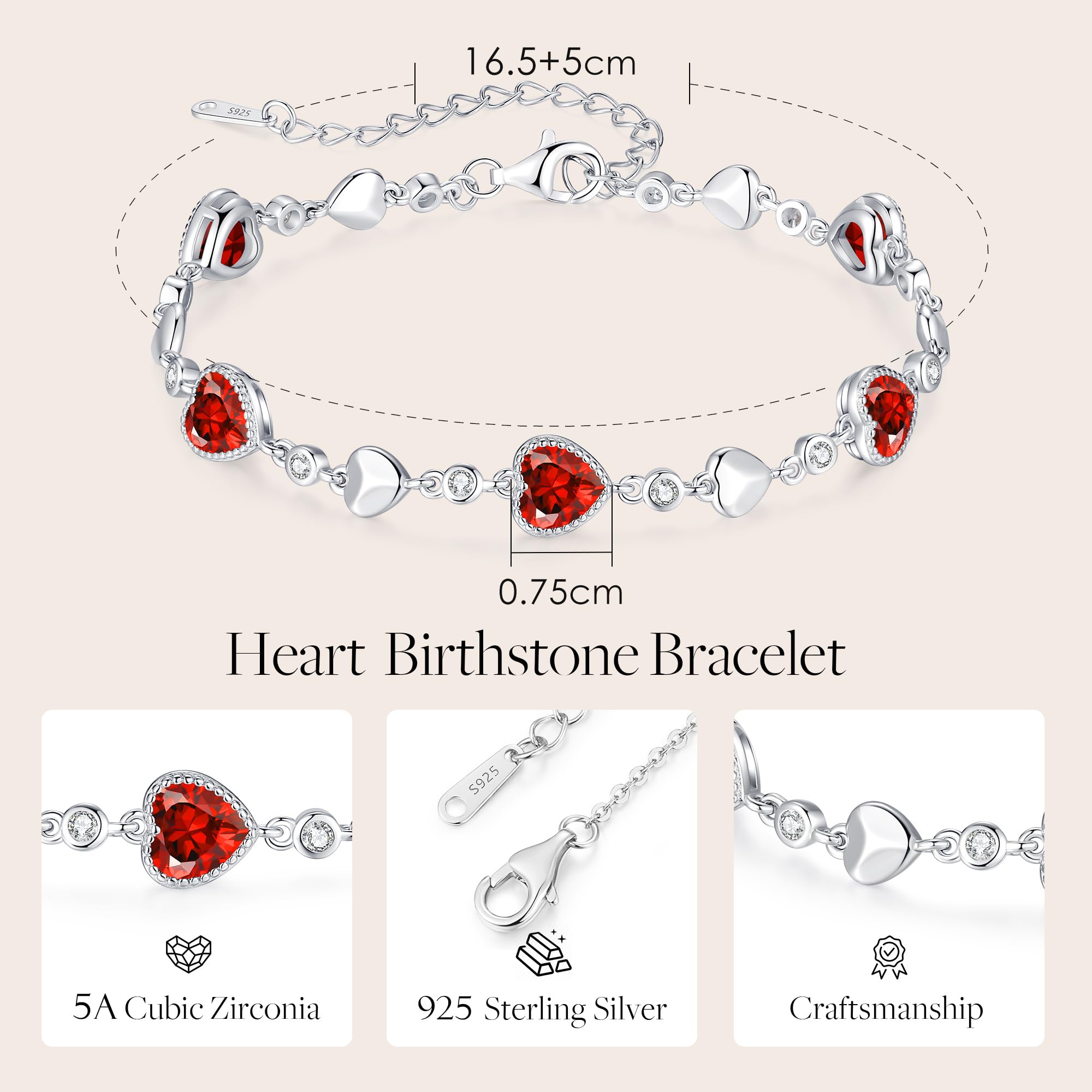 LOUISA SECRET 925 Sterling Silver Five Love Heart Birthstone Bracelet for Women - Elegant Charm Link Bracelet Gift for Wife, Mom, Girlfriend - Perfect for Birthday, Anniversary, Christmas & Everyday Wear