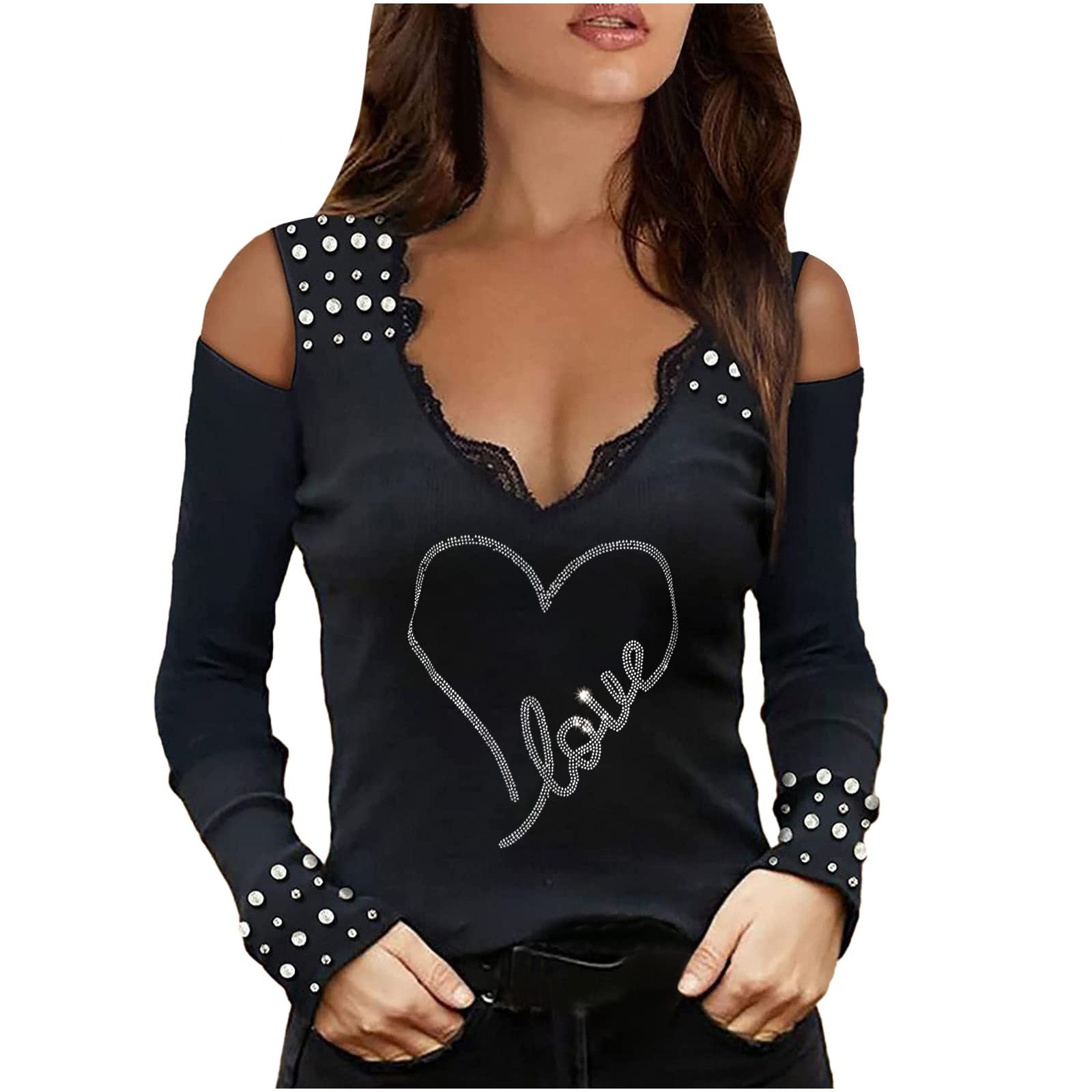 Elegant Women's Lace V-Neck Long Sleeve Cold Shoulder Tunic Top with Pearl Details - Casual Graphic Tee for Work, Date Night & Special Occasions