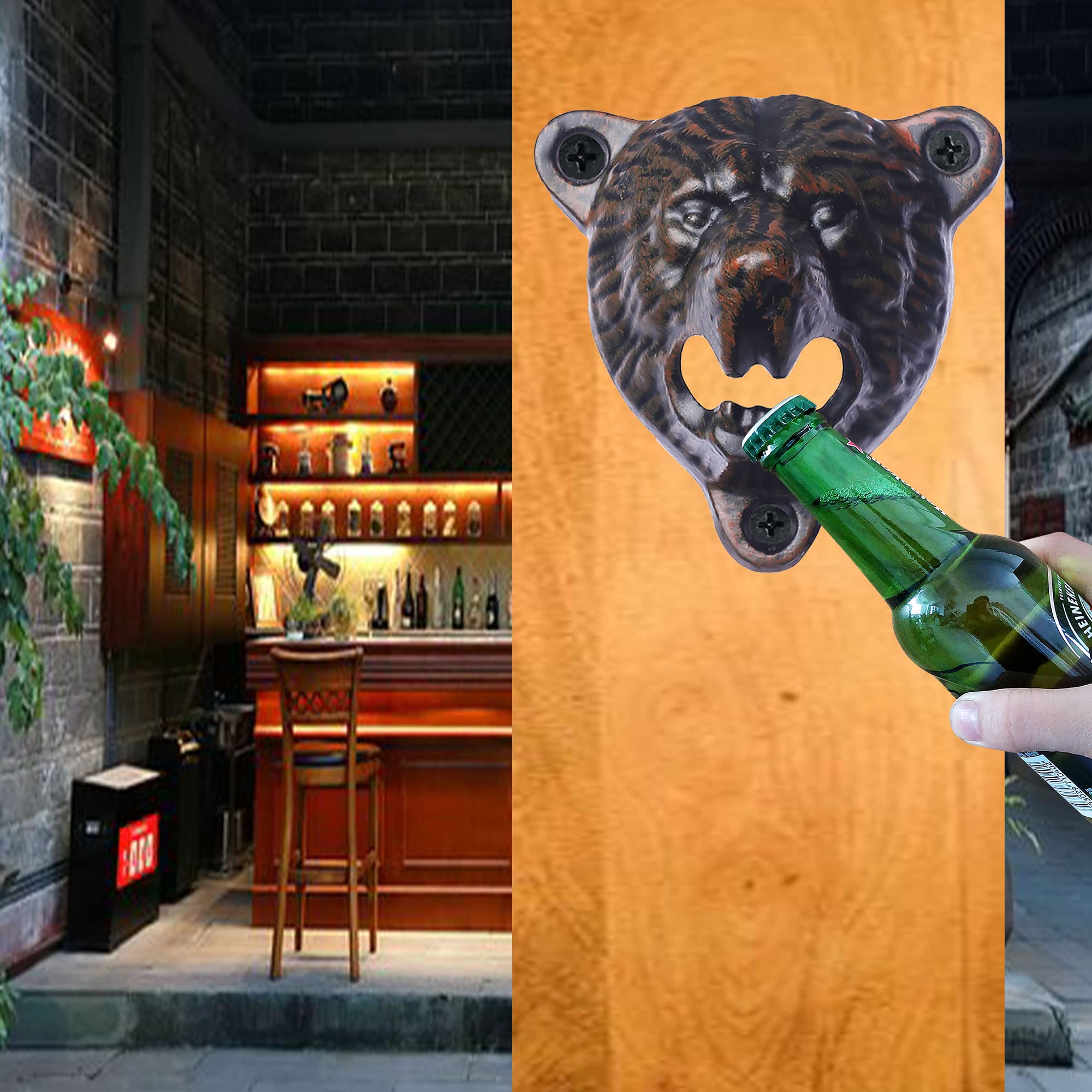 Bear Head Wall Mounted Beer Bottle Opener - Cast Iron Grizzly Teeth Decor (Rustic Black) - Perfect for Man Cave, Bar, Pub & Home Kitchen Decor