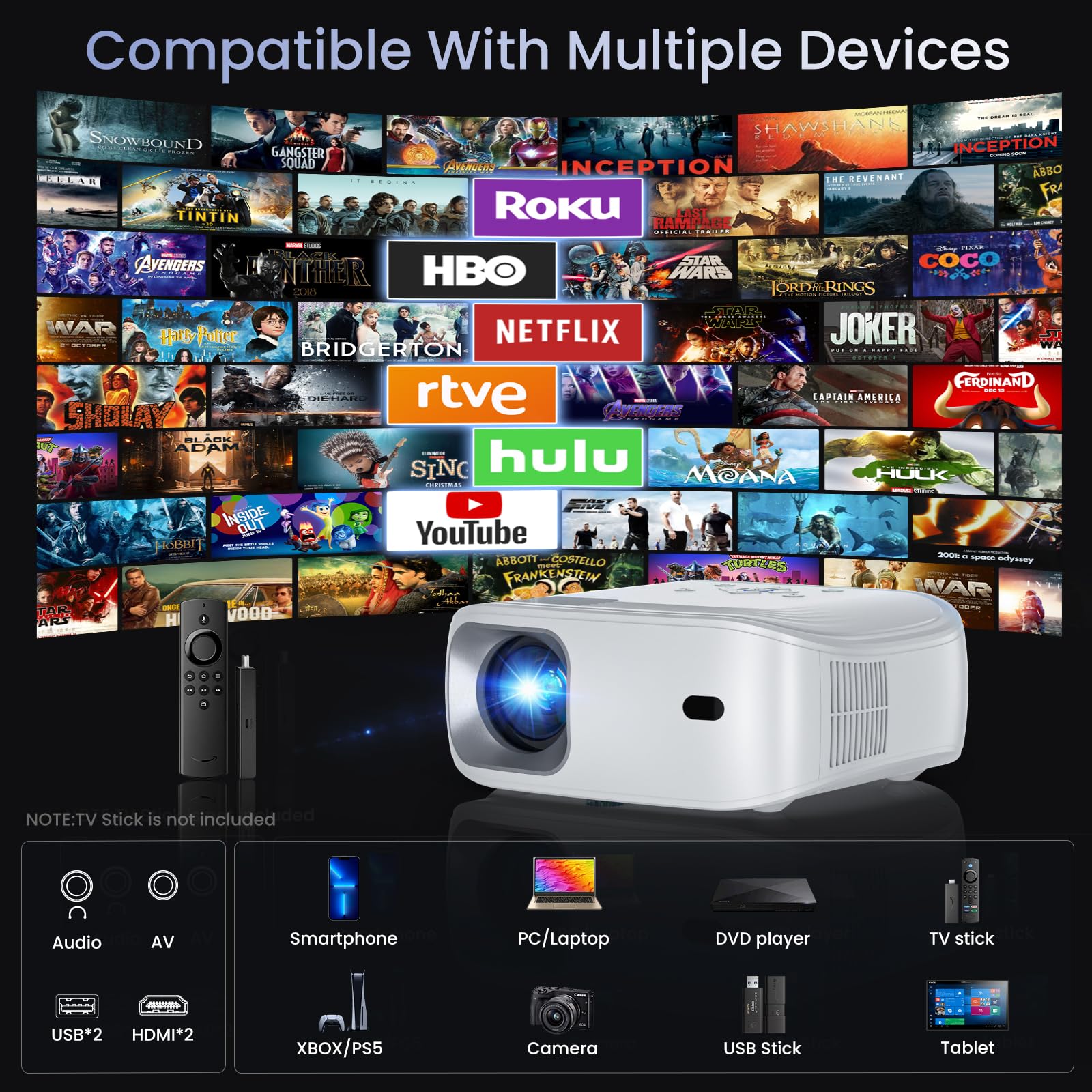 4K WiFi Bluetooth Projector - HONPOW Portable Mini Outdoor Movie Projector for Home Theater, Gaming & Camping | Compatible with TV Stick, Laptop, Smartphone, Xbox, PS5 | Perfect for Backyard Movies, Gaming Nights & Travel Entertainment