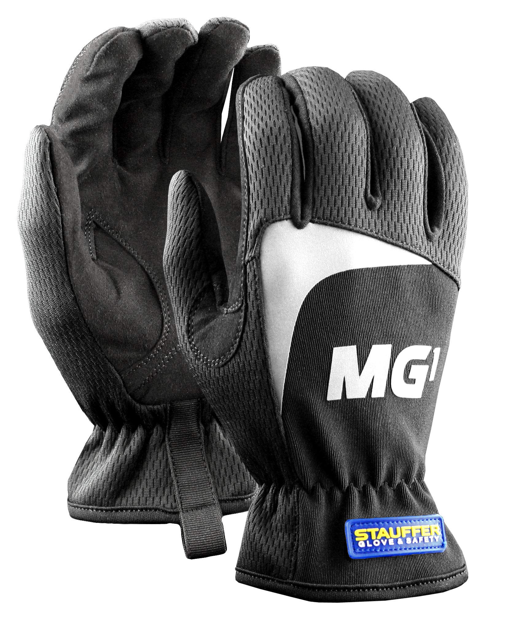 Stauffer MG1 Mechanics Gloves - Breathable Mesh Back, Reflective Safety Patch, Pull-On Closure, Elastic Cuff - Black (Large, 3-Pack) | Ideal for Automotive Repair, Construction Work & DIY Projects