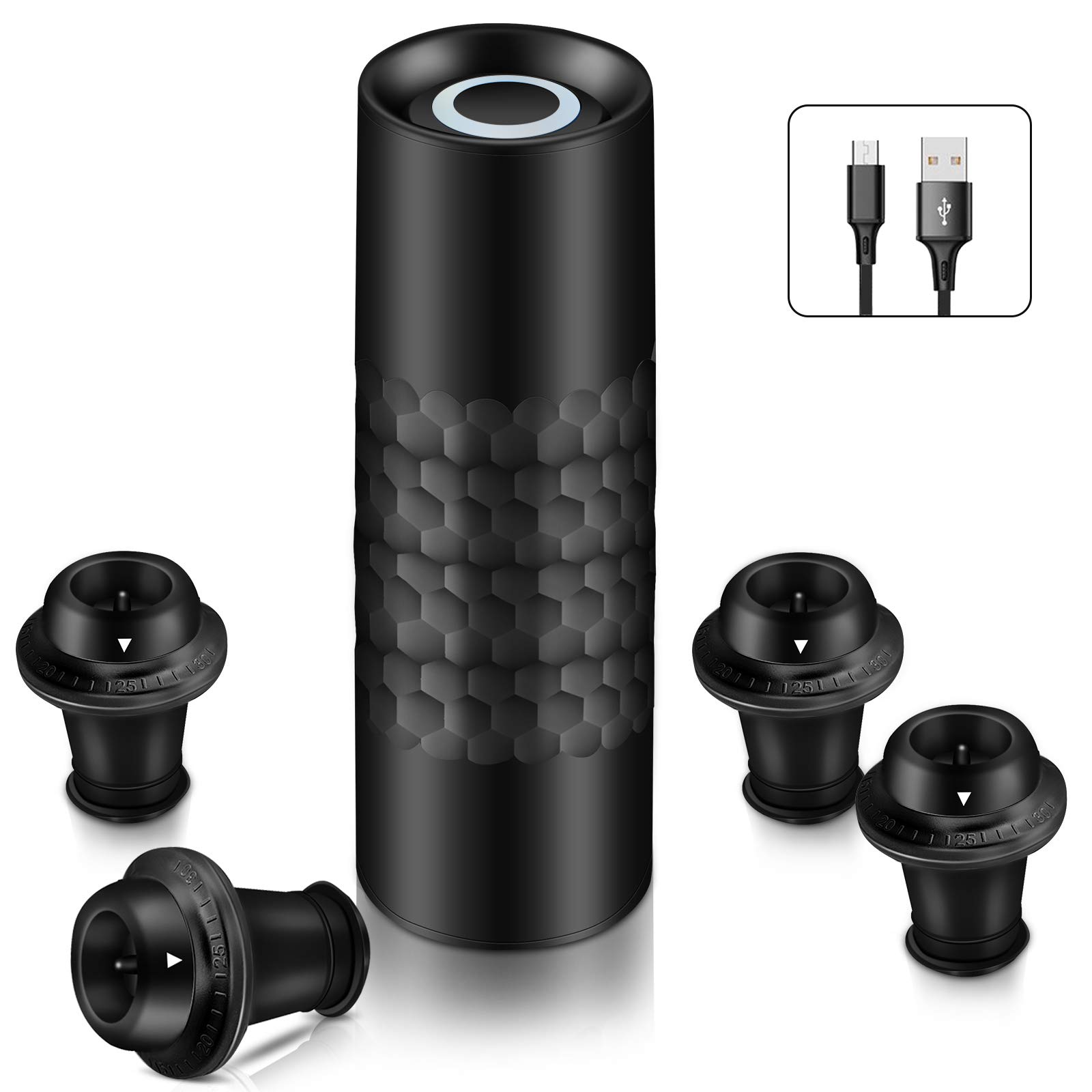 Automatic Wine Saver Pump Set with 4 Reusable Vacuum Stoppers - USB Type-C Charging for Red Wine Preservation | Perfect for Home Bars, Restaurants & Wine Lovers (Black)