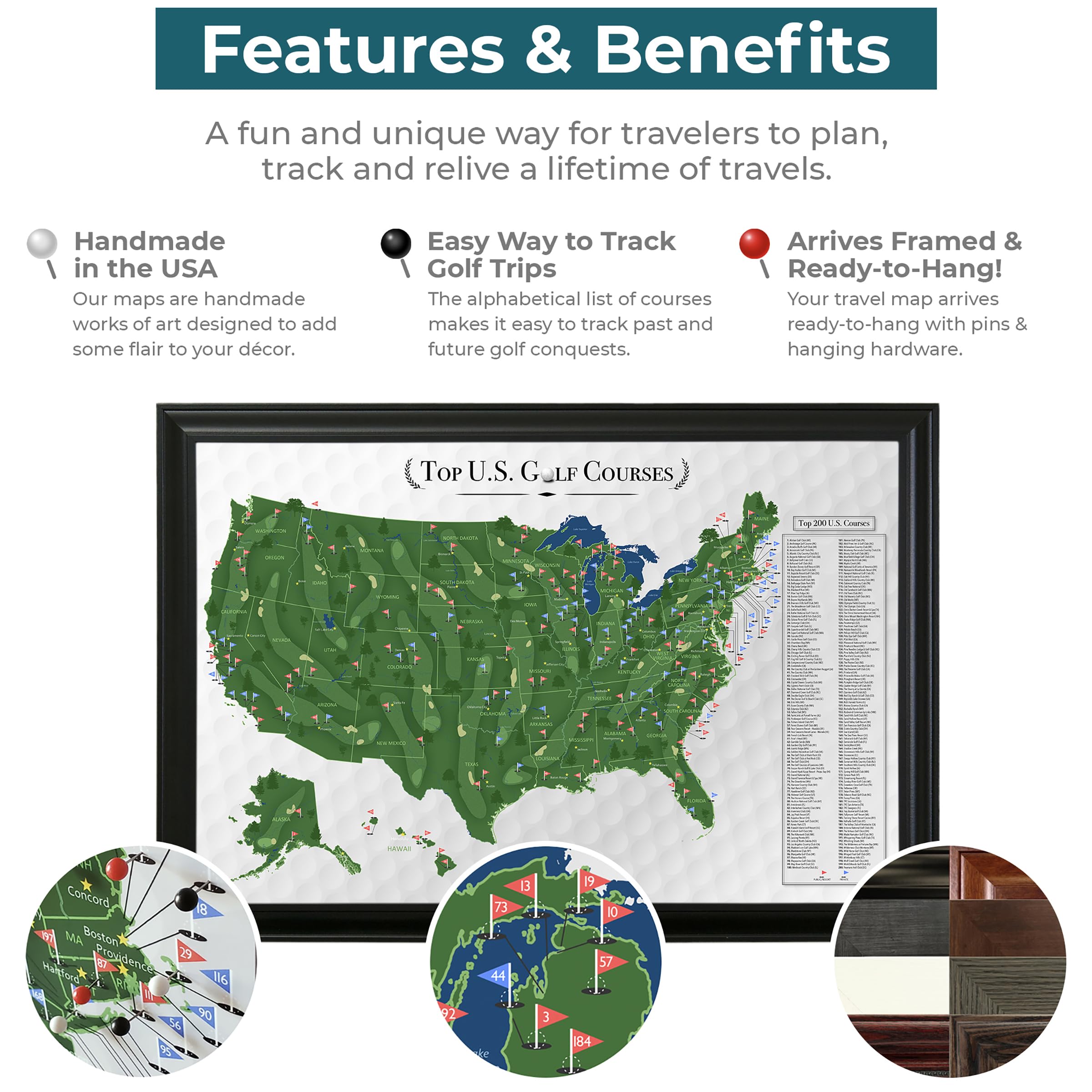 Custom Push Pin Travel Map of Top Golf Courses in USA - Rustic Brown Framed Wall Art with 150 Pins - Handmade in USA (27.5x39.5 inches) - Perfect for Golf Lovers & Home Office Decor